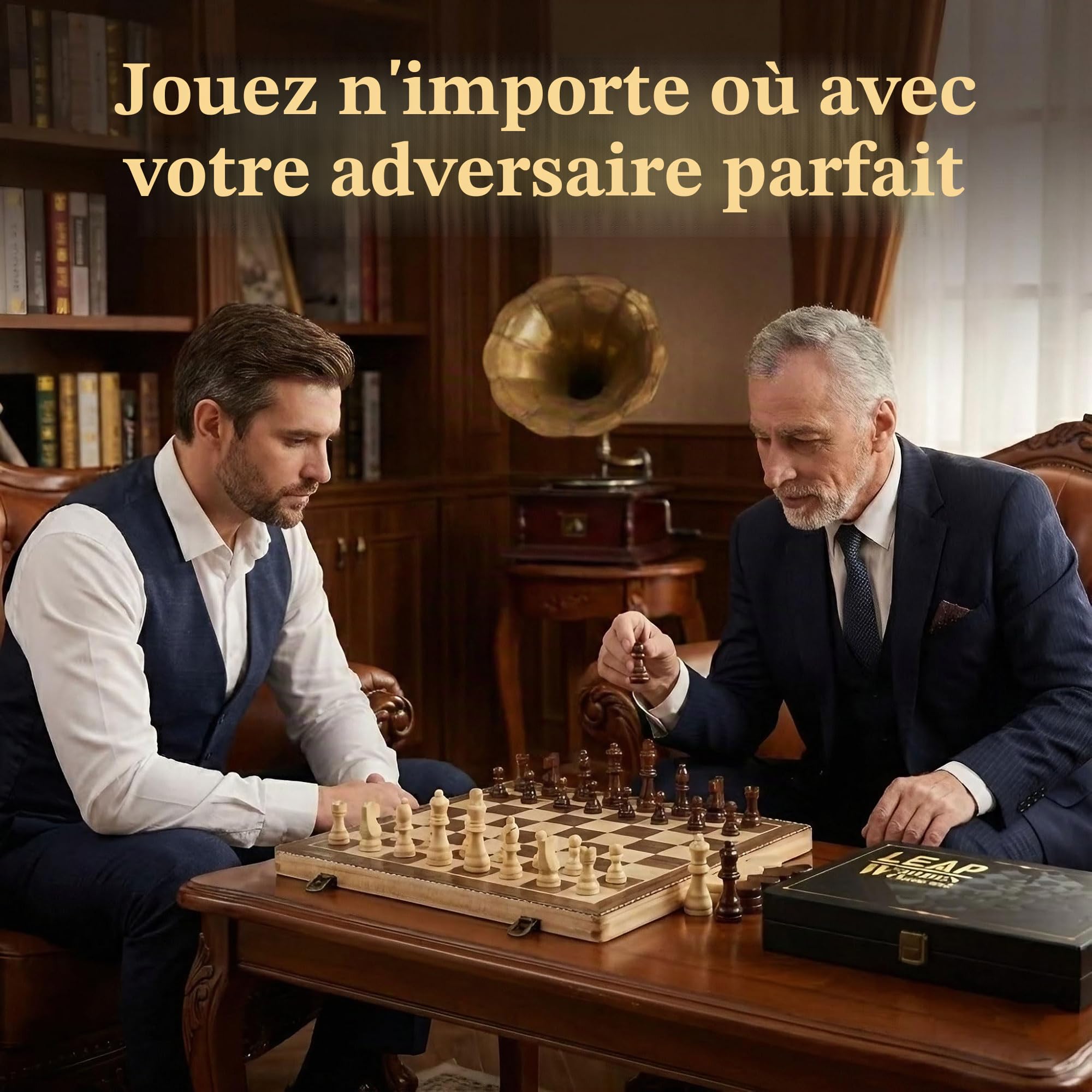 LEAP Jeu d'échecs magnétique en bois pliable de 39,4 cm, pièces d'échecs de 7,6 cm, fentes de rangement magnétiques supérieures pour débutants, adultes avec 2 grands grands lits supplémentaires