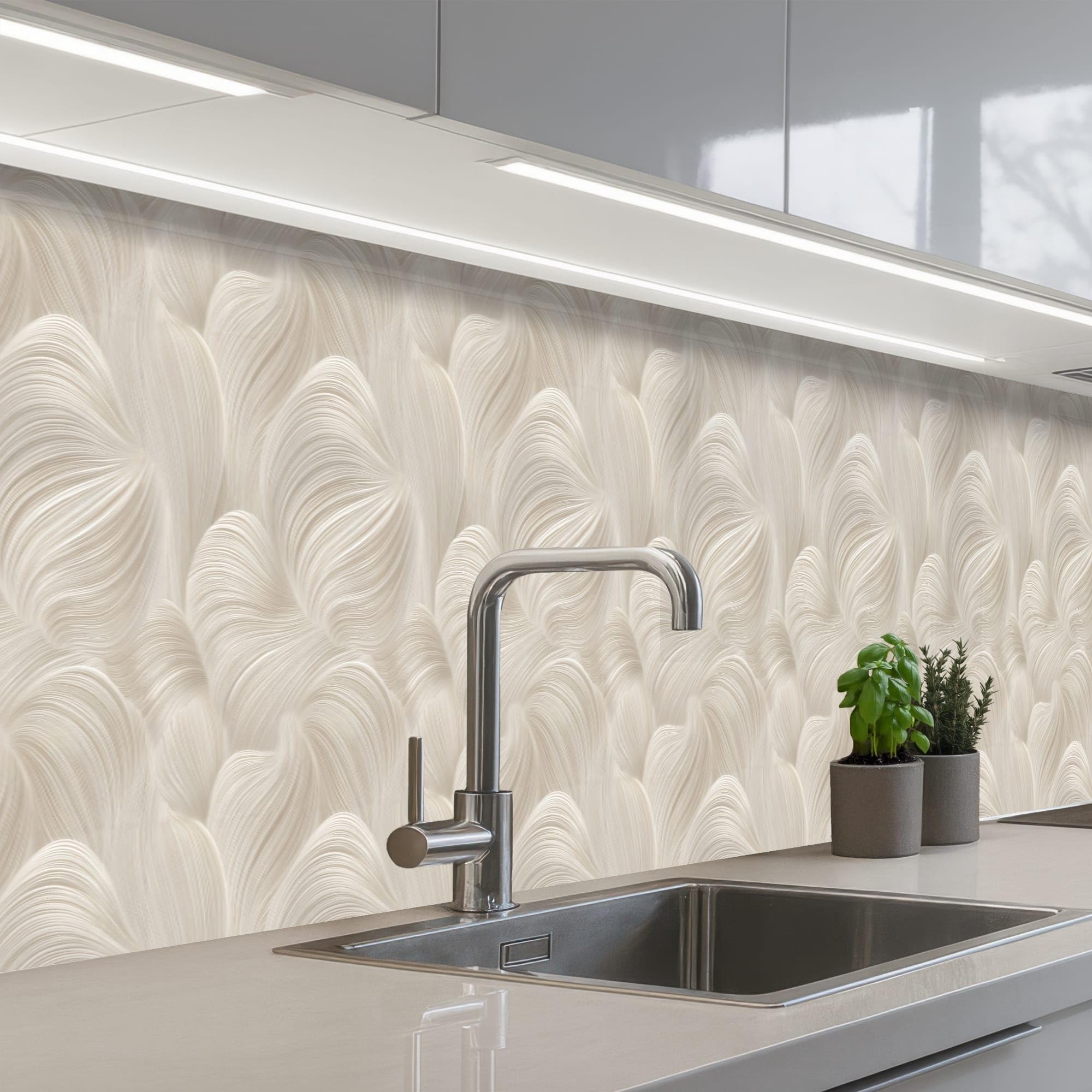 KitchenYeah© Crédence Cuisine À Coller 60x400 cm Protection Plaque De Cuisson Adhesif Plastique Rigide Dalle Murale Lines - Ventilateur - Beige
