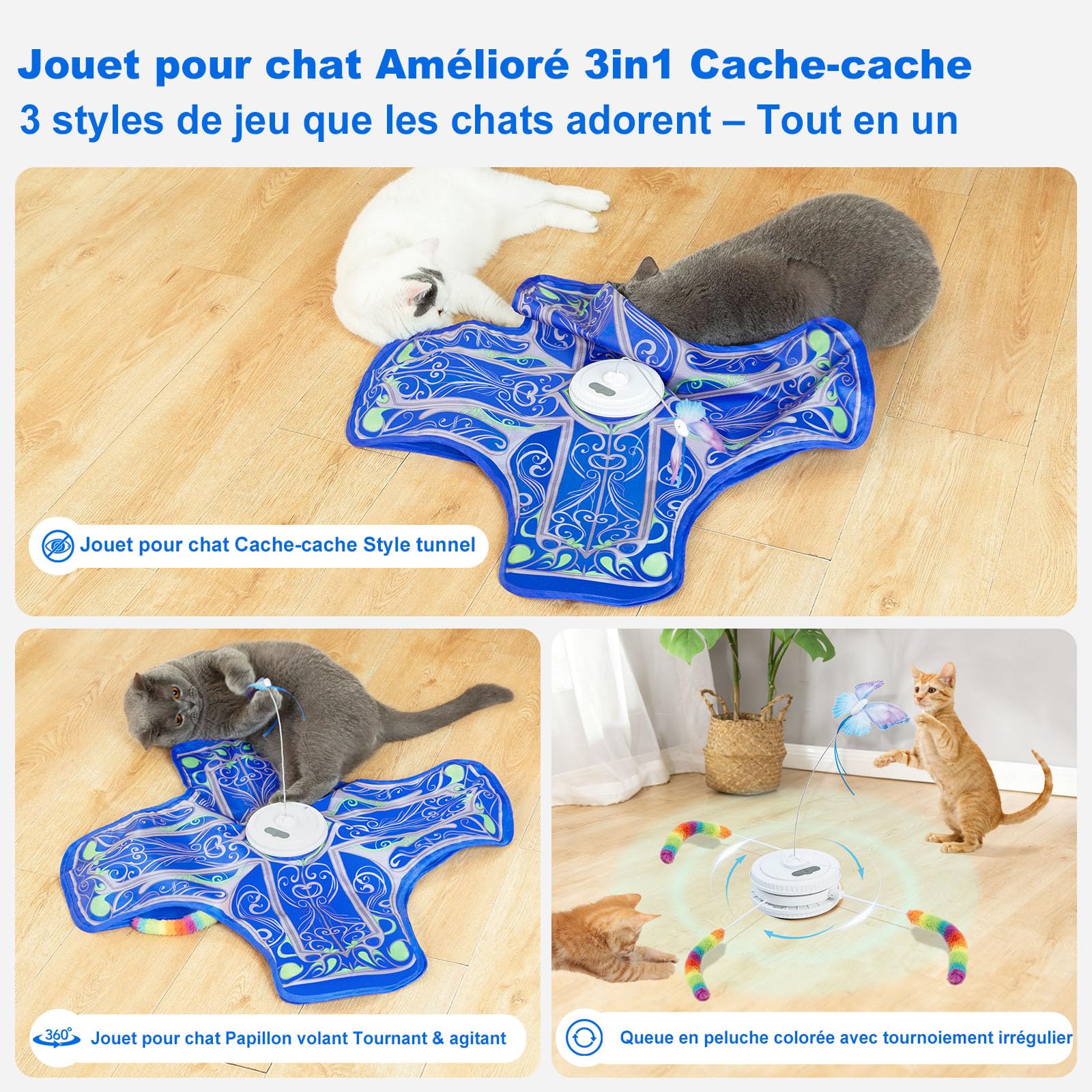 Jouet Interactif pour Chats d'Intérieur, [Nouvelle Version Améliorée] Jouet Rechargeable pour Chaton à Activation Tactile avec Jeu de Cache-Cache et Élément Virevoltant (Bleu)