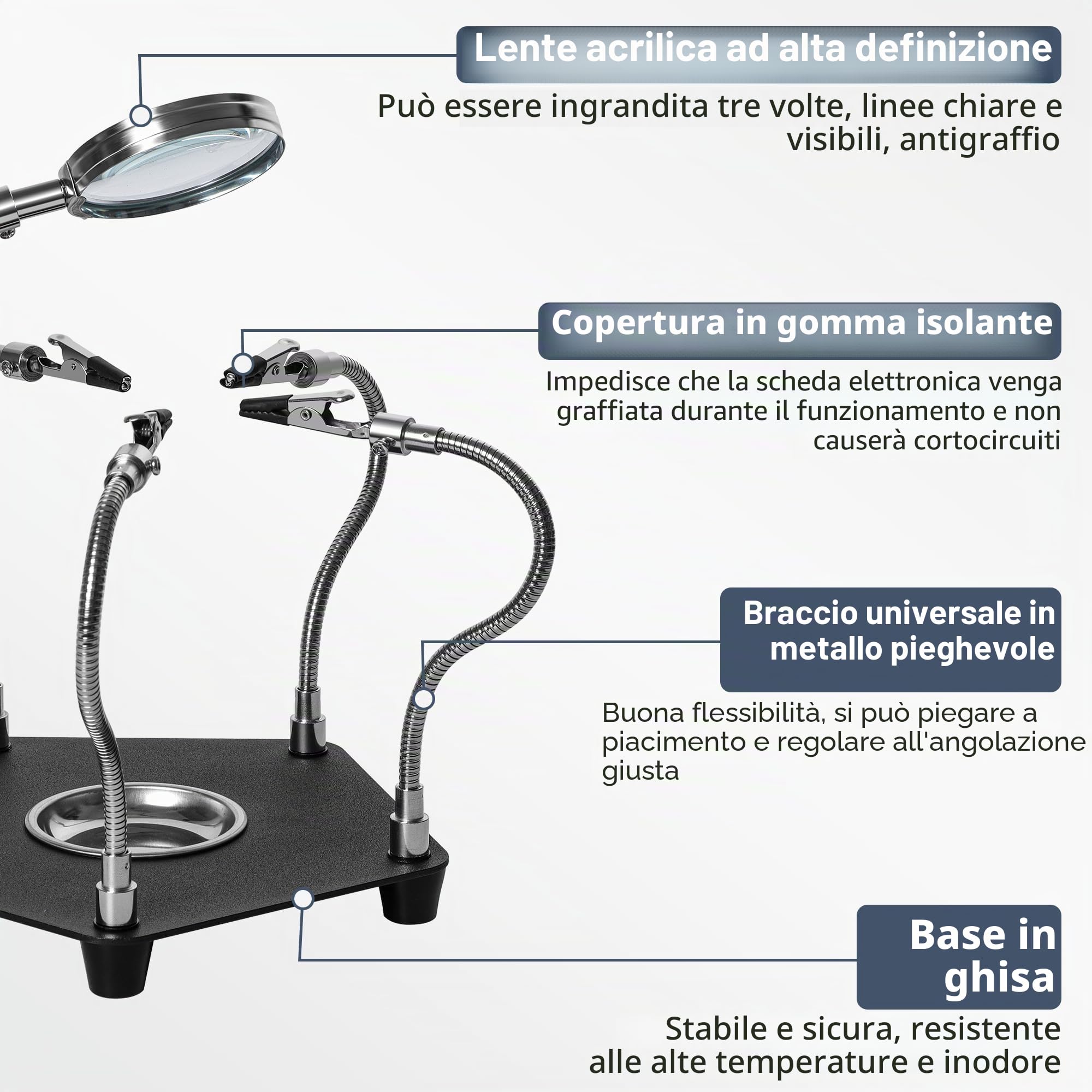 Stazione Saldatura con 3X Lente Ingrandimento Bracci Flessibili Clip, Terza Mano per Saldatura Elettronica