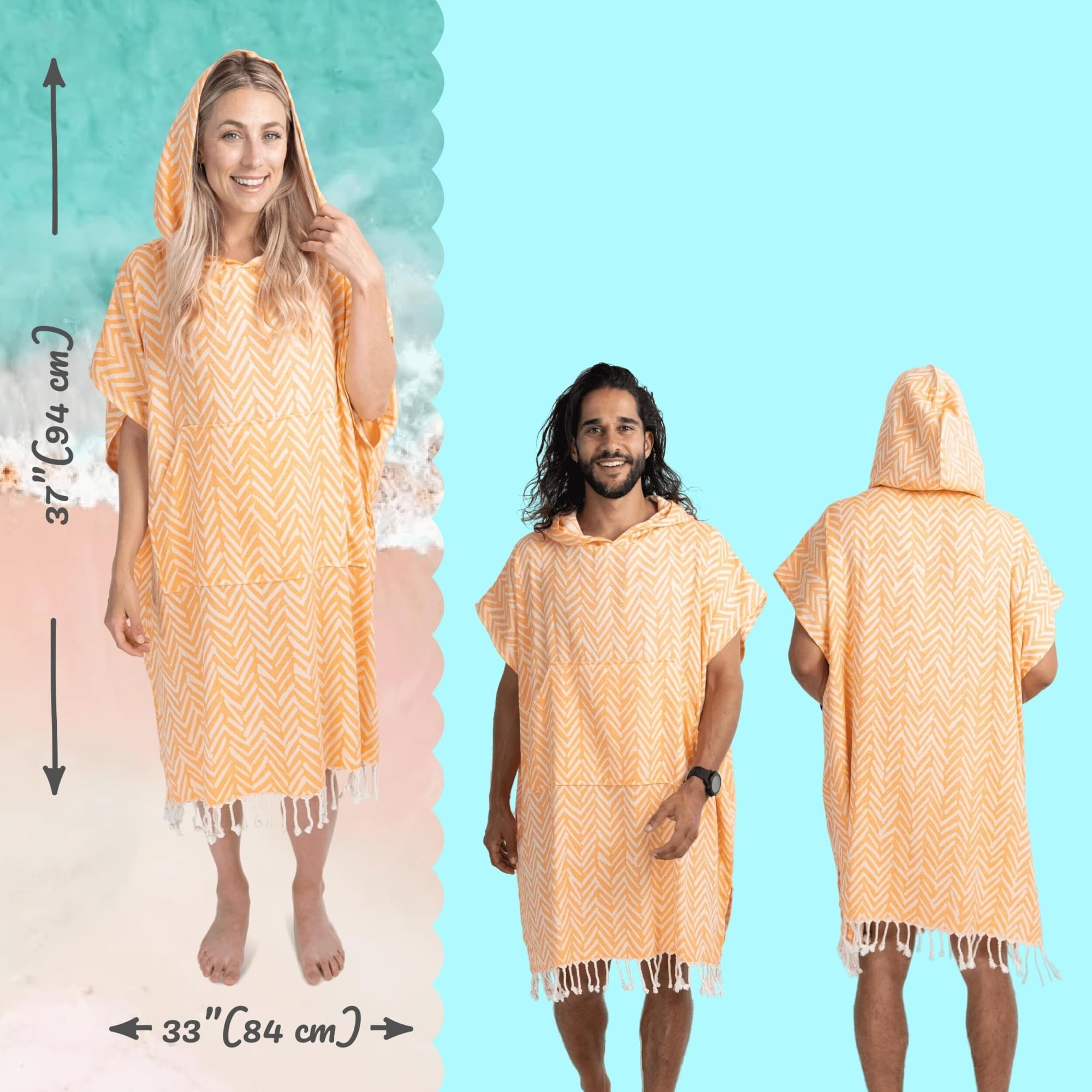 Generico Asciugamano, Poncho da bagno Poncho da surf – Asciugamano grande for il cambio (33 X 37) con cappuccio in cotone for adulti for, spiaggia, piscina(Orange)