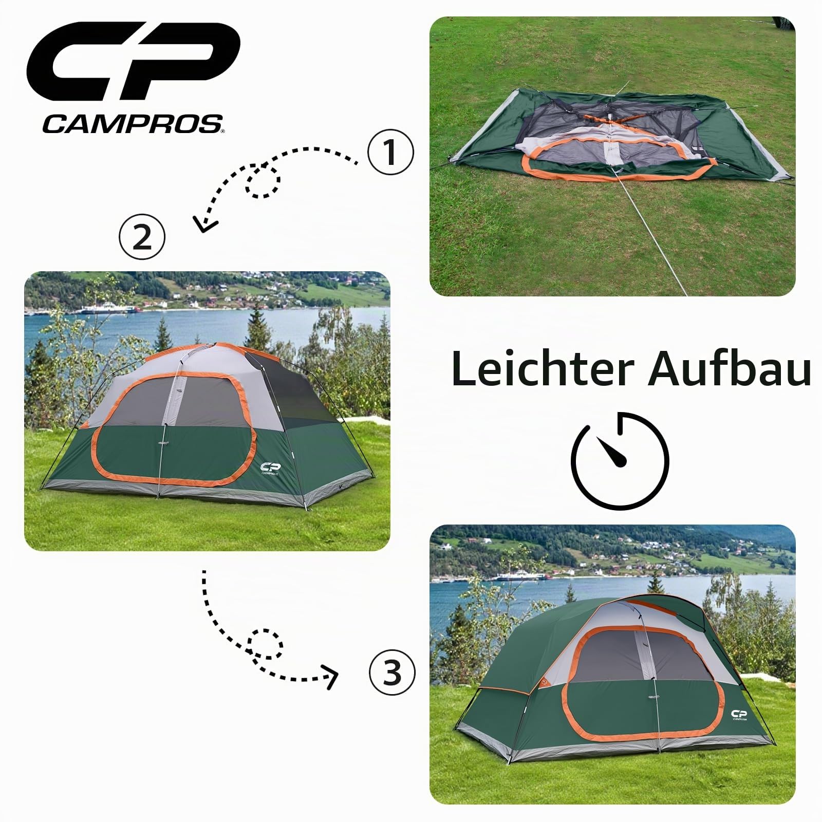 CAMPROS CP Familienzelt 6-8 Personen mit Stehhöhe 193CM, Großes Campingzelt wasserdicht mit Vorzelt & Belüftung, Cabin Zelt für Familien Camping & Festival