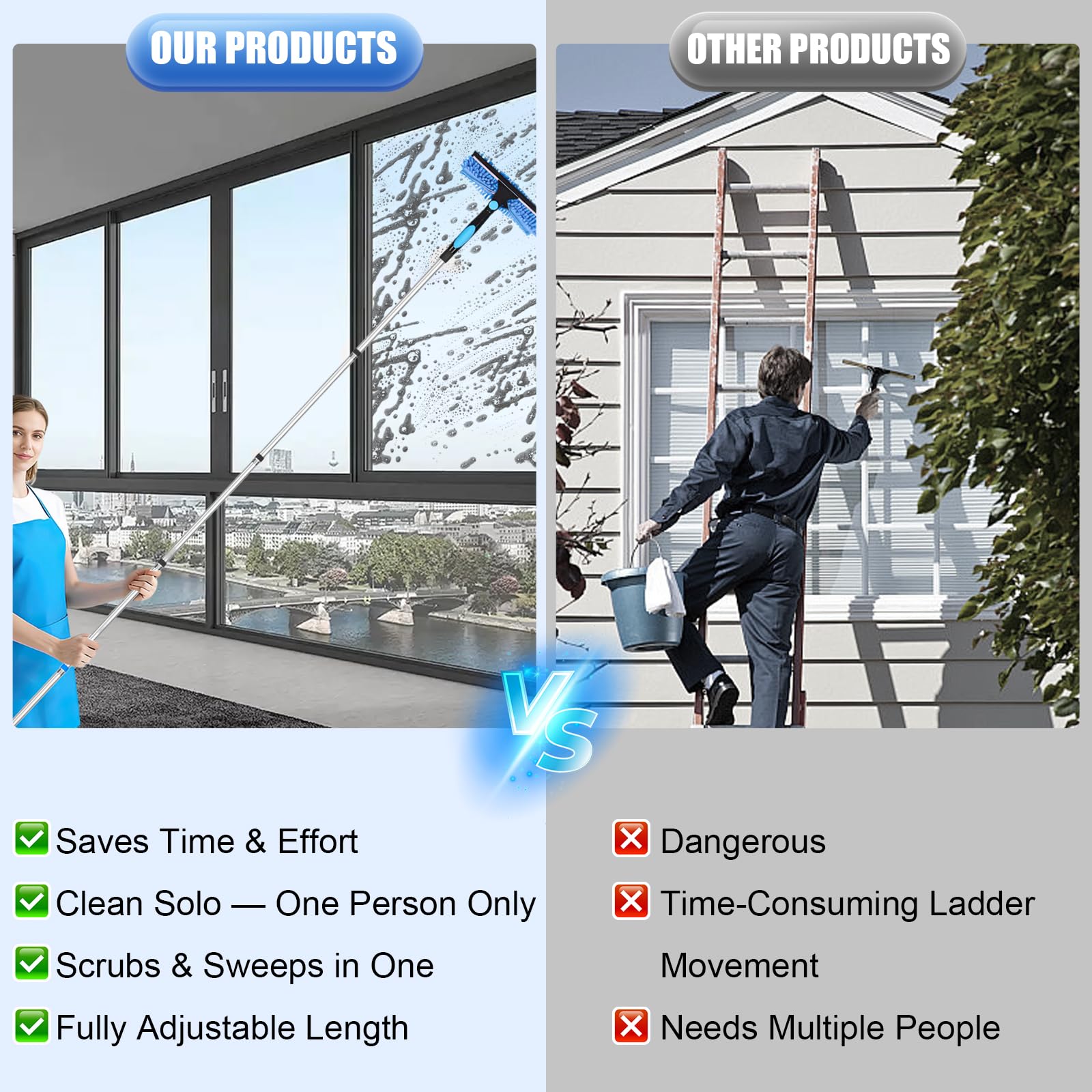 4-in-1 Teleskop Fensterwischer Set – Ausziehbar bis 4m, 360° Drehbarer Kopf, Mikrofasertuchbürsten, Stauber & Gummischaber, Fensterputzer Set für Fenster, Dusche, Auto und Glasreinigung (Blau)