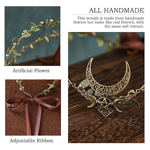 Miniatura 7 de MOSTORY Corona de elfo de luna hecha a mano  Tocado de bosque de bosque de elfos, tiara de diosa medieval, accesorio de reina para mujeres y niñas,