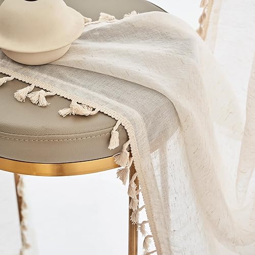 Miniatura 5 de Sanceor Cortina semiopaca bohemia extra larga con borla, 1 panel de 12 pies de largo, filtro de luz cremablanco hueso, cortina de 2 pisos para