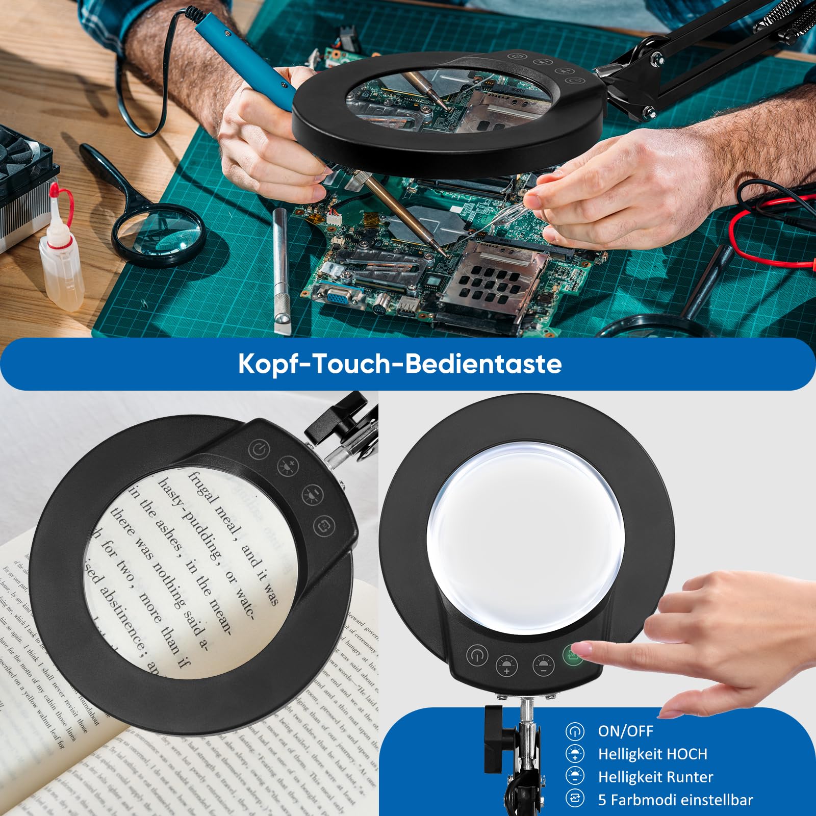 10X Lupe mit Licht und Klemme, beleuchtete Lupe aus echtem Glas mit 5 Farbmodi und stufenloser Dimmbarkeit, freihändige Schreibtischlampe für Hobbys, Basteln, Lesen und Naharbeit (schwarz)