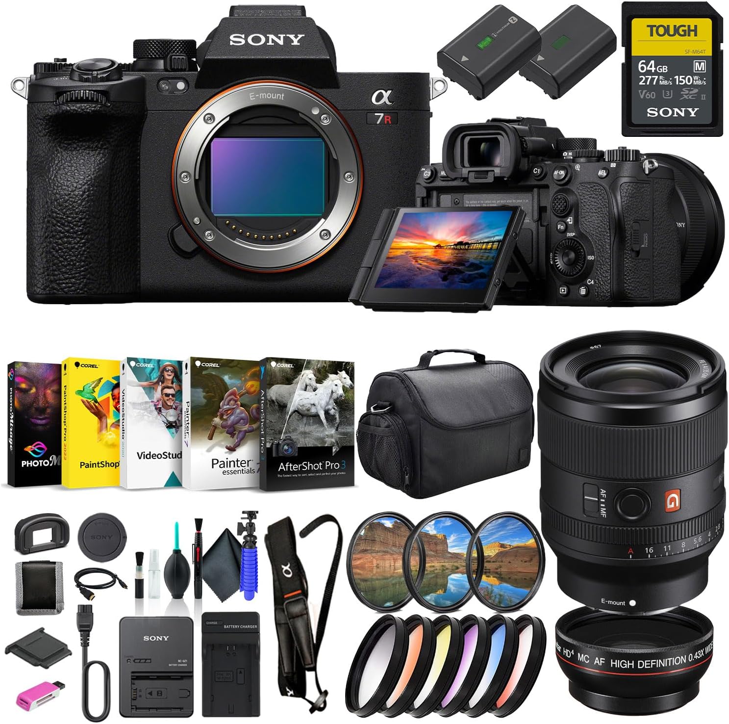 Sony a7R V Mirrorless Camera ILCE7RM5/B, Sony FE 35mm Lens SEL35F14GM, 64GB Memory Card, Filter Kit, Wide Angle Lens, Color Filter Kit, Corel Photo Software, Bag, and More
