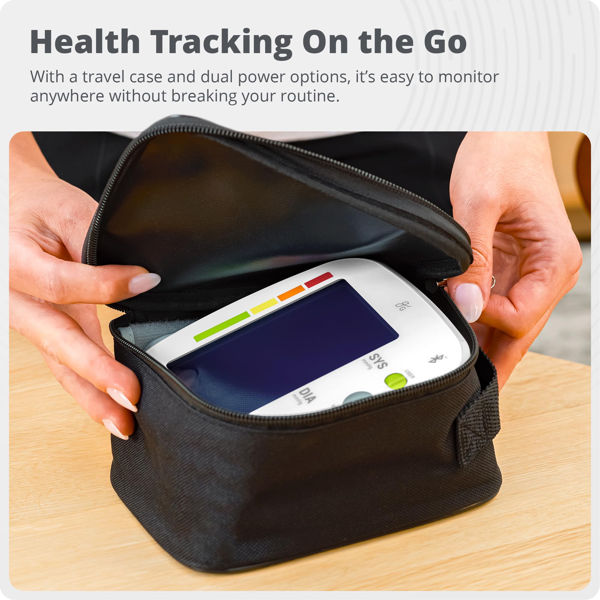 Greater Goods Bluetooth Blood Pressure Monitor, Upper Arm BP Machine with Adjustable 8.7”-16.5” Cuff, iOS and Android App Compatibility, Portable with Carrying Case