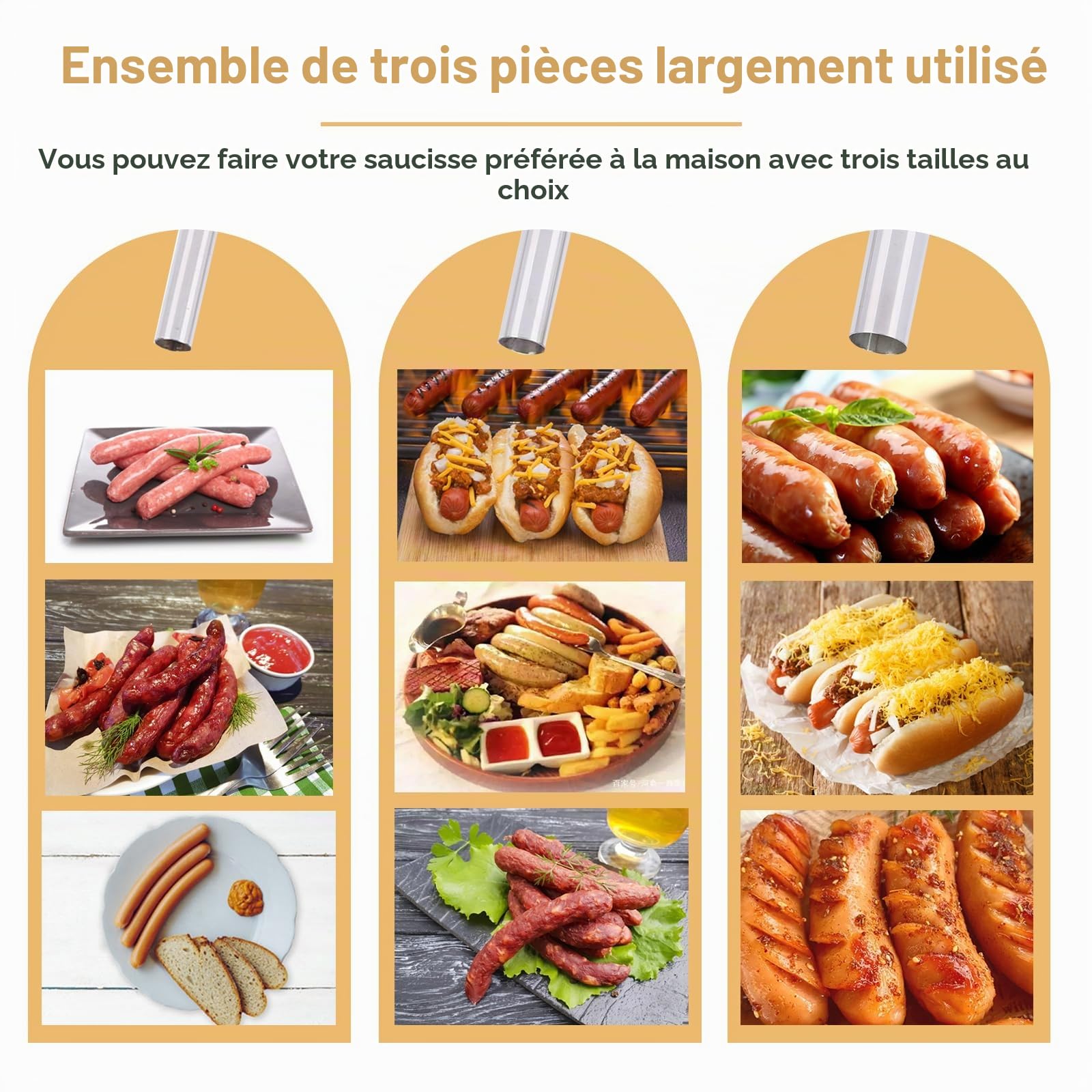 Tube à Saucisse Lot de 3 Tubes de Remplissage en Acier Inoxydable | pour Hachoir à Viande Manuel ou Électrique Taille 8 - Compatible Lave-Vaisselle