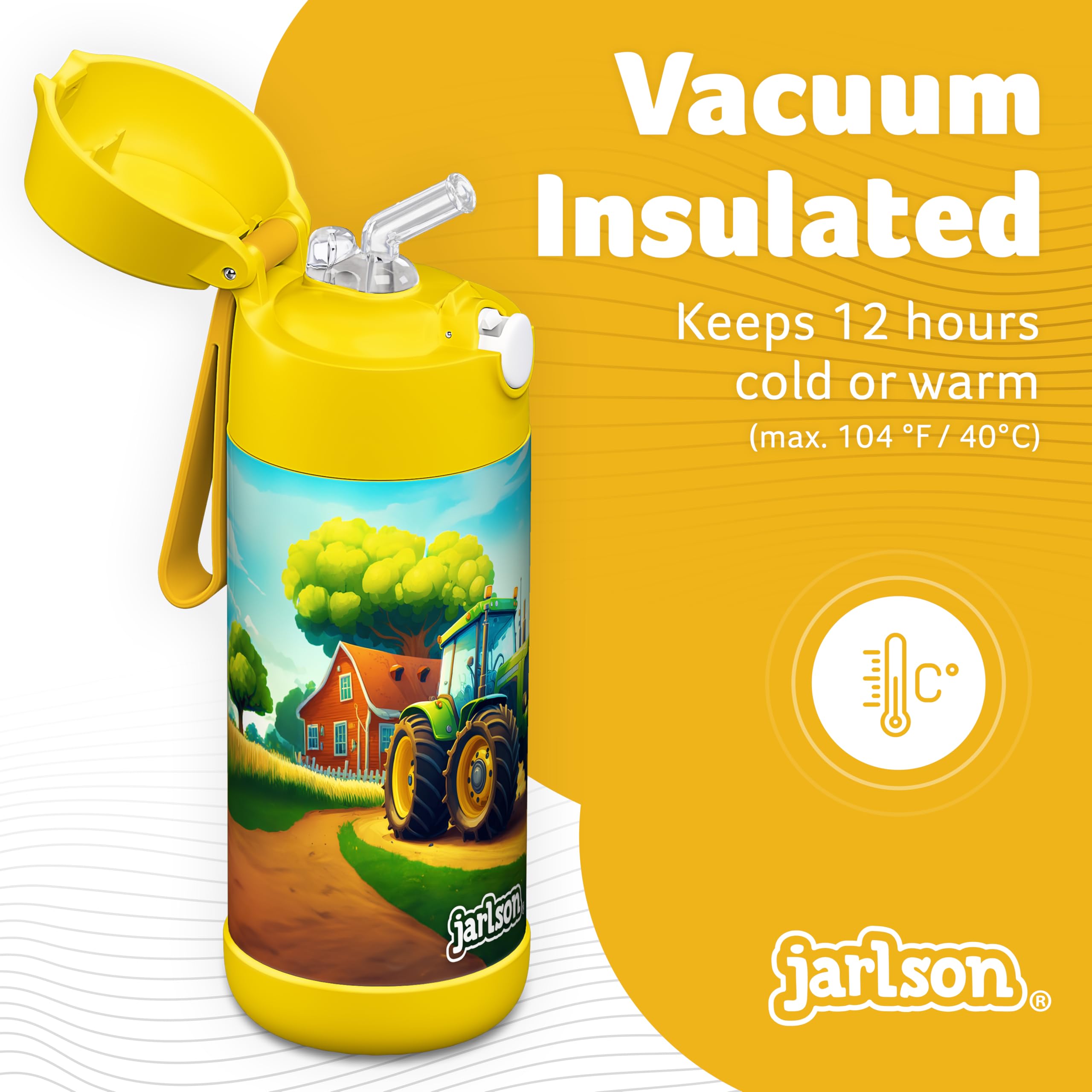JARLSON® Borraccia Bambini Acciaio Inox, Bottiglia Termica, Senza BPA, Bottiglia Acqua con Cannuccia, Termos 350 ml (Trattore)