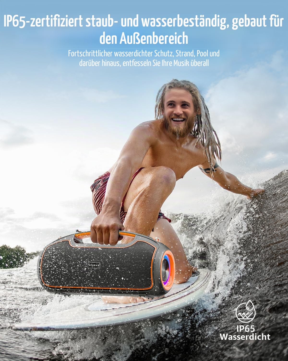 Bluetooth Lautsprecher 200 W max, Tragbare Musikbox Bluetooth 5.4 mit 2 Subwoofern & 2 Hochtönern,Bass Boost,24h Akku,TWS,IP65 wasserfest Outdoor Lautsprecher für Party, Baustelle,Camping,Zuhause