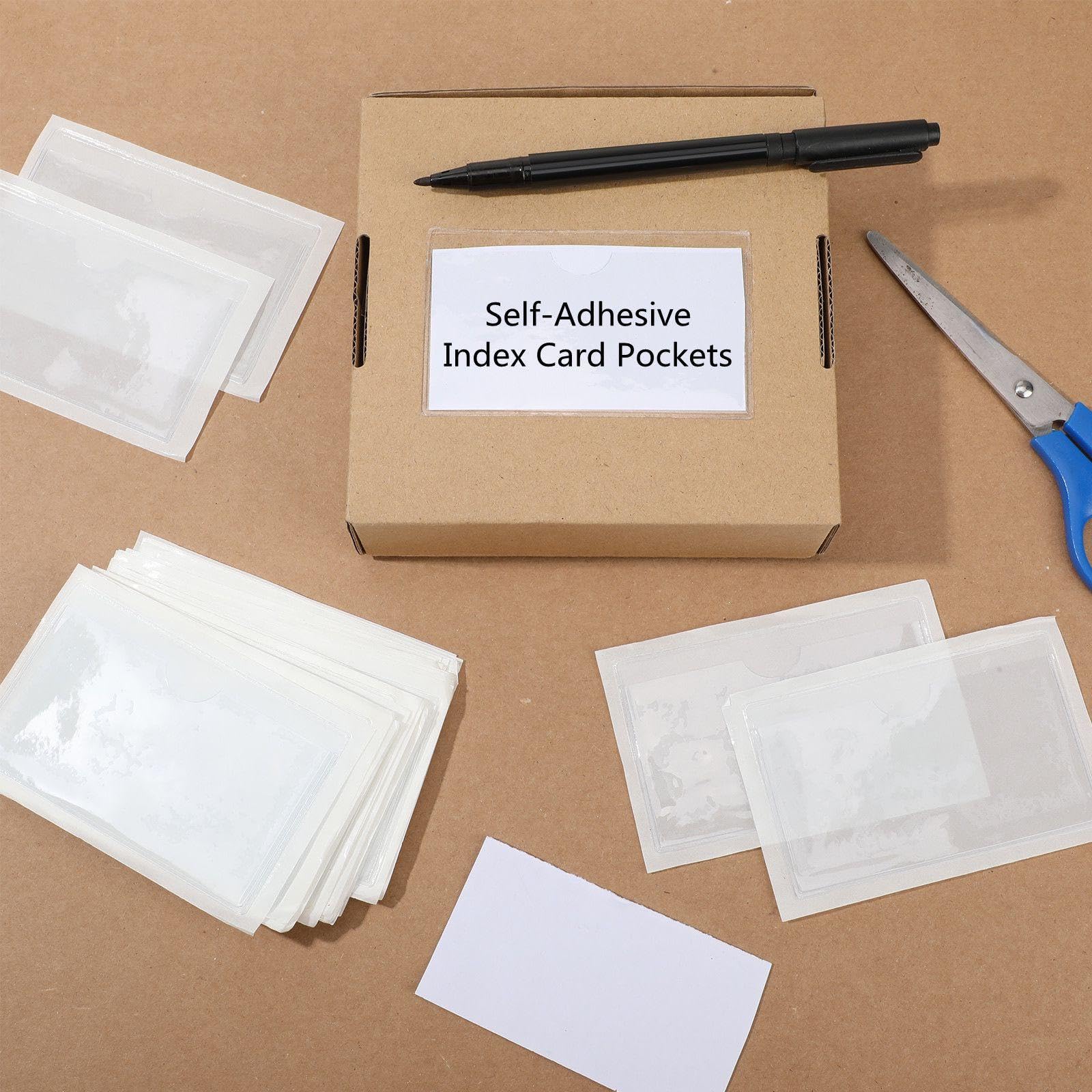 50 Pack Clear Adhesive Pockets For 3x5 Index Cards - Top Loading Card Holders For Labels & Organization