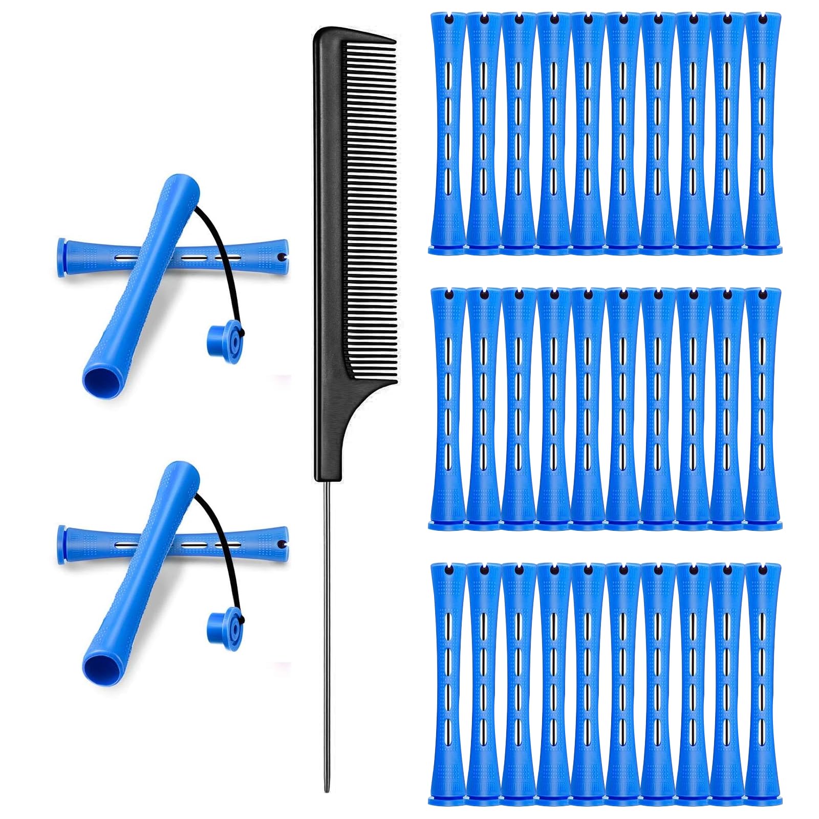 Bettinay 30 Pieces Blue Perm Rods for Women with Steel Tail Comb, 0.35 inch Short Hair Men Perm Kit for Long Short Hair Styling Tool