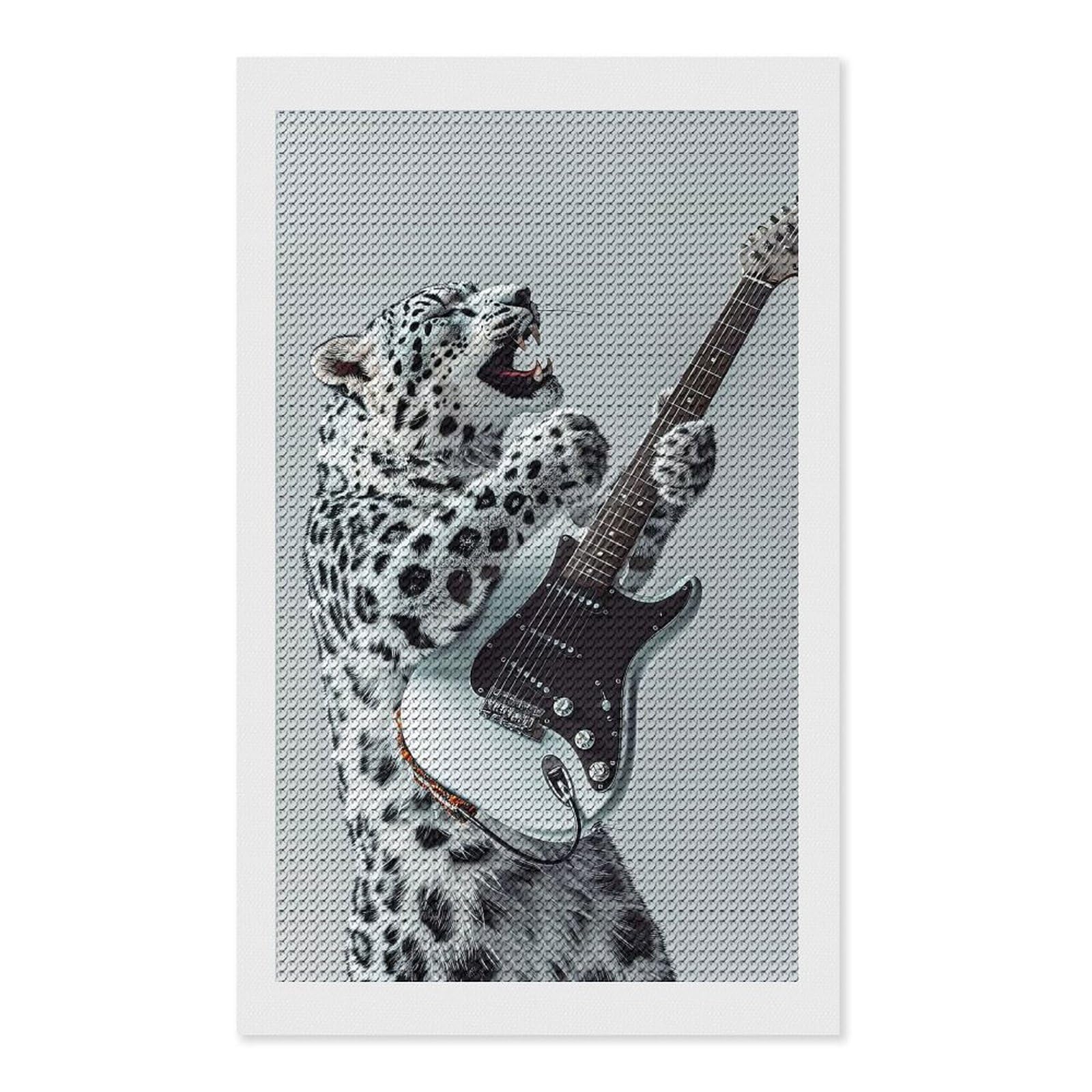 Junmoney Snow Ocelot Guitar Diamond Painting Canvas Kit 12"x20", Round Gems, Living Room Decor, Seasonal Gift Choice, Modern Decor