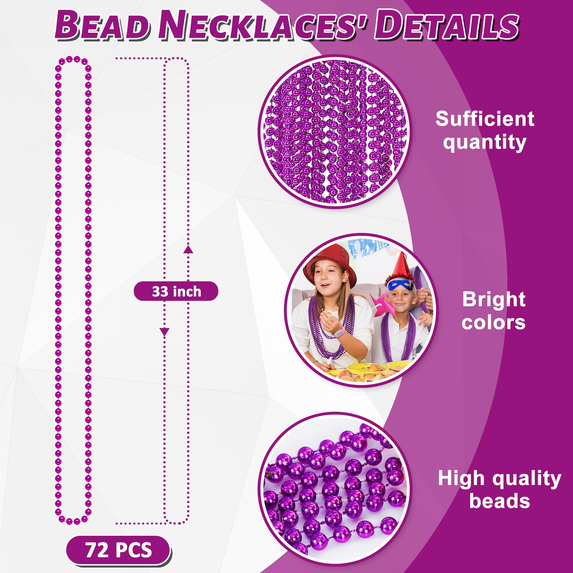 72 Stück Mardi Gras Perlen, lila Perlenkette, Partygeschenke, 83,8 cm Perlenketten, Damen Herren, Großpackung, Festivalparade, Wurfzubehör für Halloween, Karneval, Hochzeit, Geburtstag, Feiern,