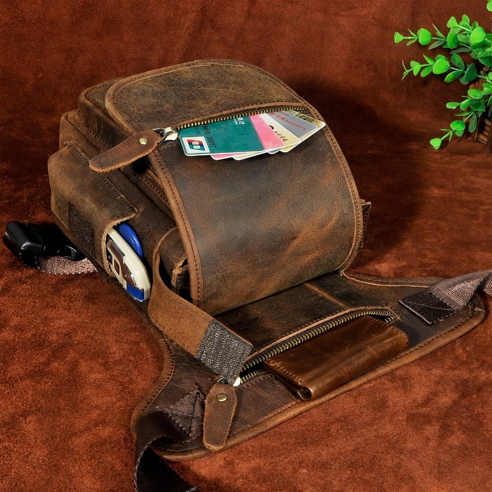 Beintasche Motorrad,Beintasche Echtes Leder männer Design Casual Messenger Schulter Sling Tasche Mode Multifunktionale Gürtel Tasche Drop Bein Tasche Tasche(Brown)