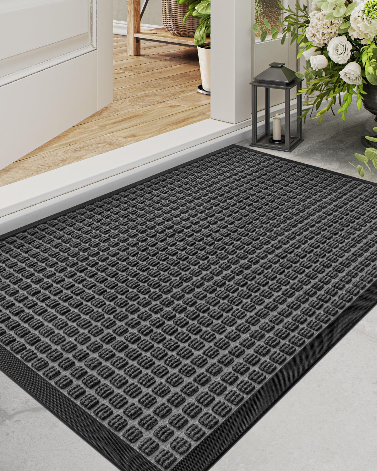 DEXI Door Mat Heavy Duty Outdoor Indoor Doormat, Stain and Fade Resistant, Non Slip Front Door Mats, Patio Entryway Floor Mat, 48"x24", Squares Grey 48"x24" Squares Grey
