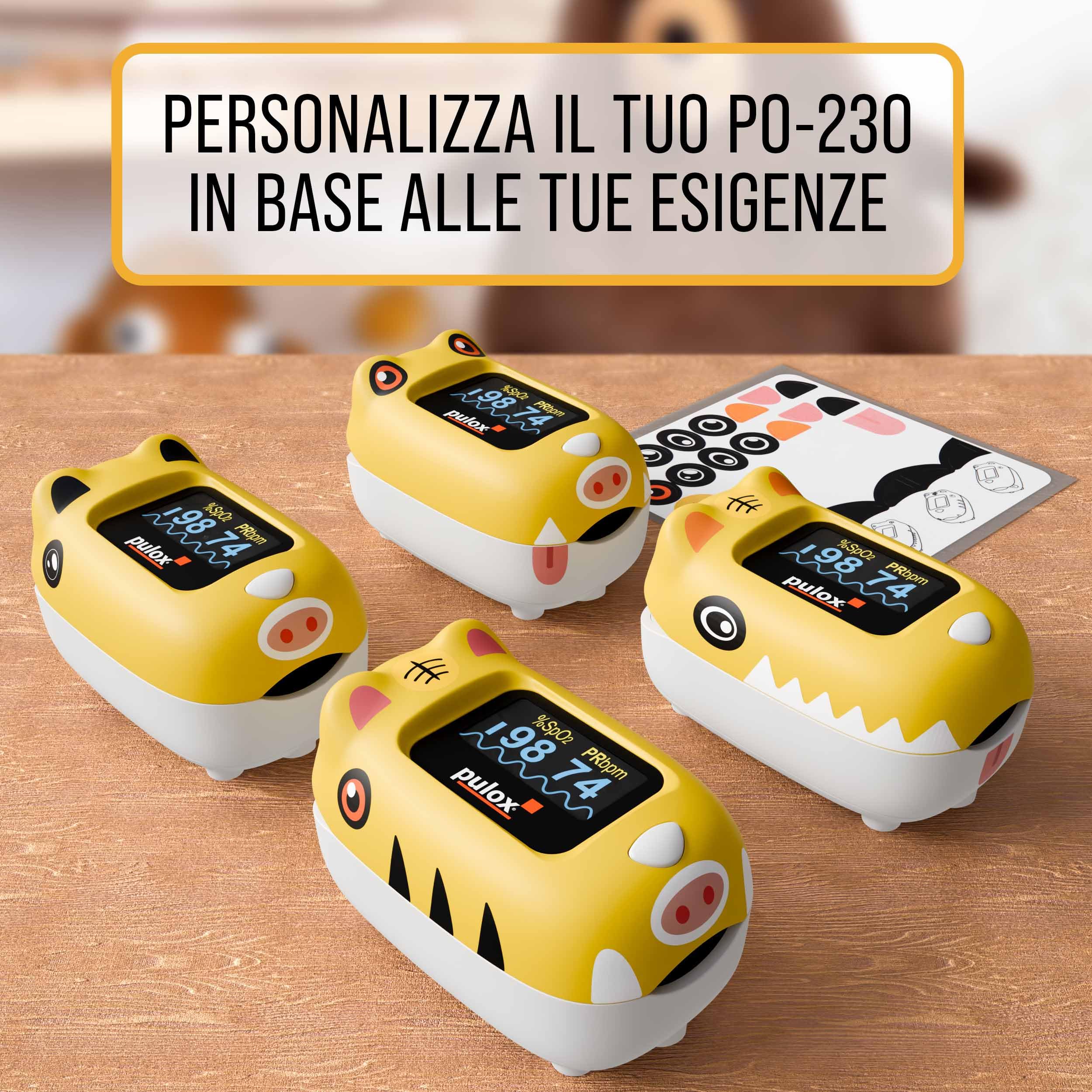 Pulox PO-230 Pulsiossimetro per bambini - In giallo con adesivi - Misurazione della saturazione di ossigeno e della frequenza cardiaca