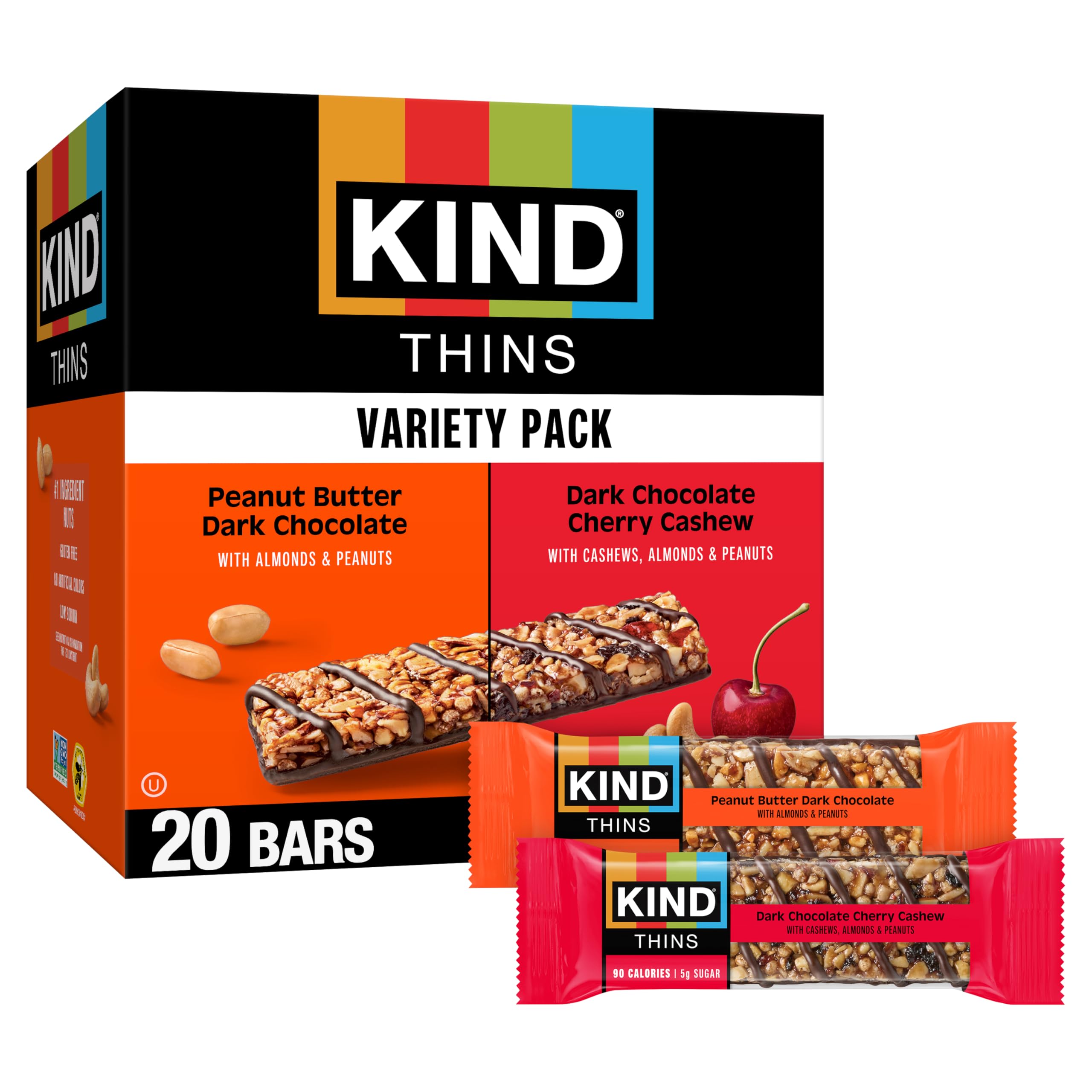 KIND Thins Variety Pack, Peanut Butter Dark Chocolate, Dark Chocolate Cherry Cashew, Healthy Snacks, Low Calorie, 20 Count