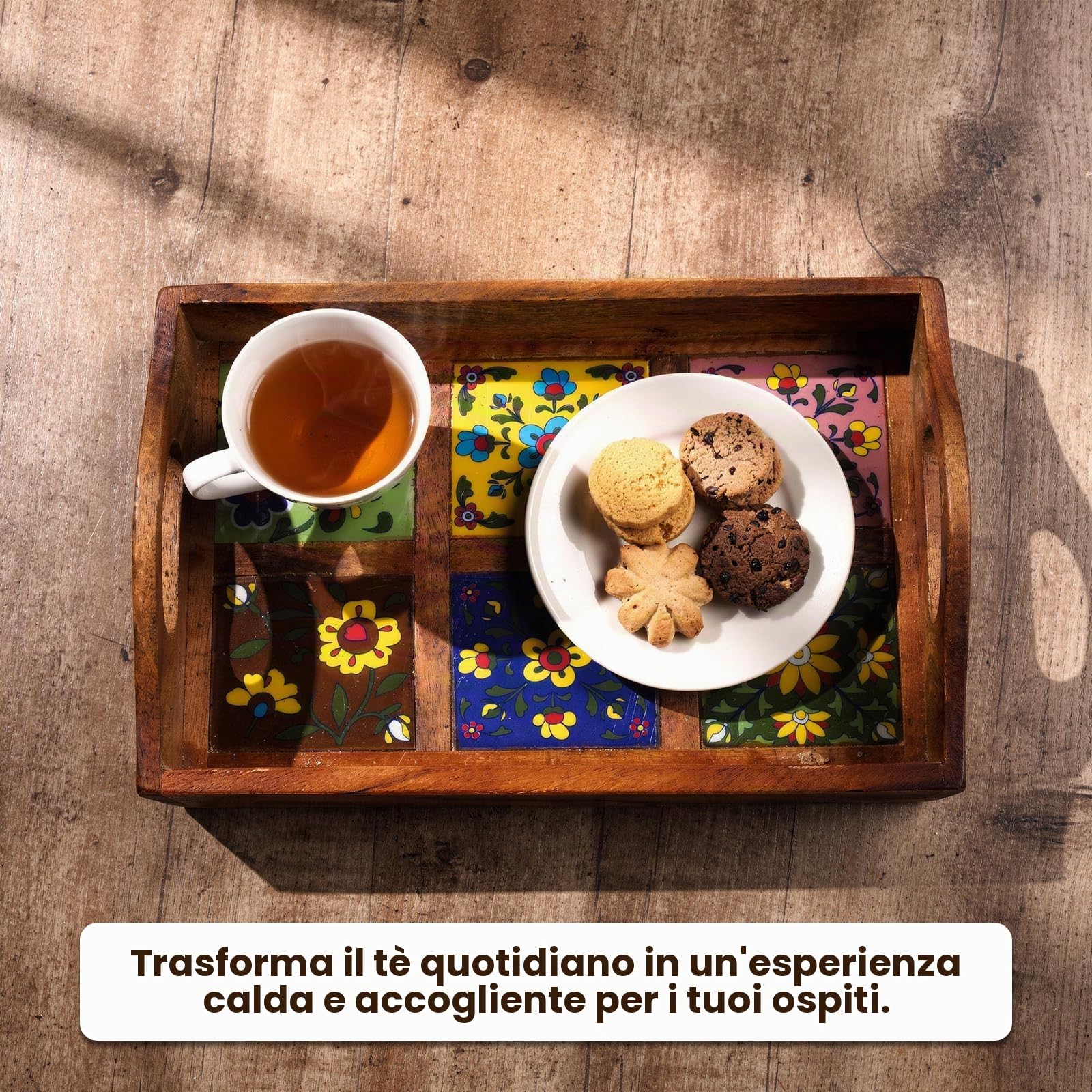 Craft Trade Vassoio da portata in legno di mango con manico e 6 piastrelle in ceramica floreale con angoli, perfetto per colazione, tè, caffè, snack, cena, 30 x 23 x 8 cm