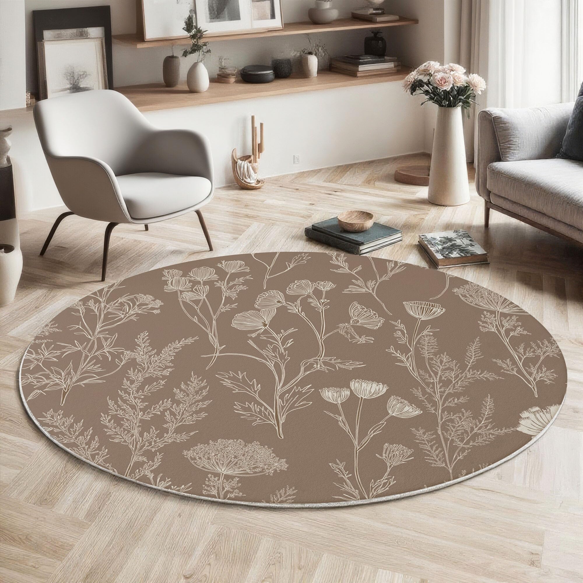 Tapis rond motif lignes fleurs sauvages 120cm moderne brun