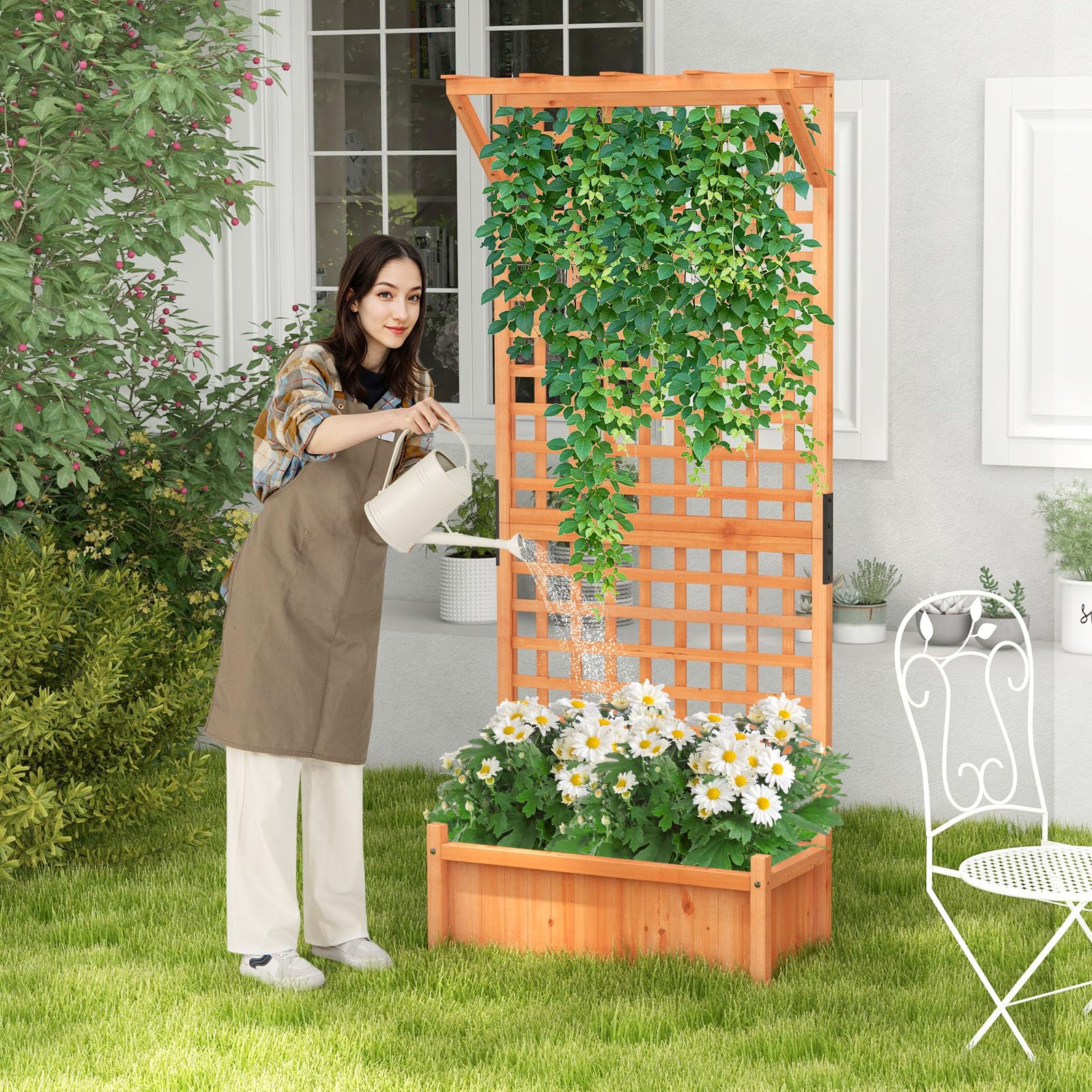 GOPLUS Blumenkasten mit Rankgitter, Pflanzkasten Holz mit Dach & Sichtschutz, Hochbeet mit Spalier für Kletterpflanzen, Gartenbeet mit Drainagelöchern, Pflanzkübel für Balkon & Garten, 75x33x183 cm