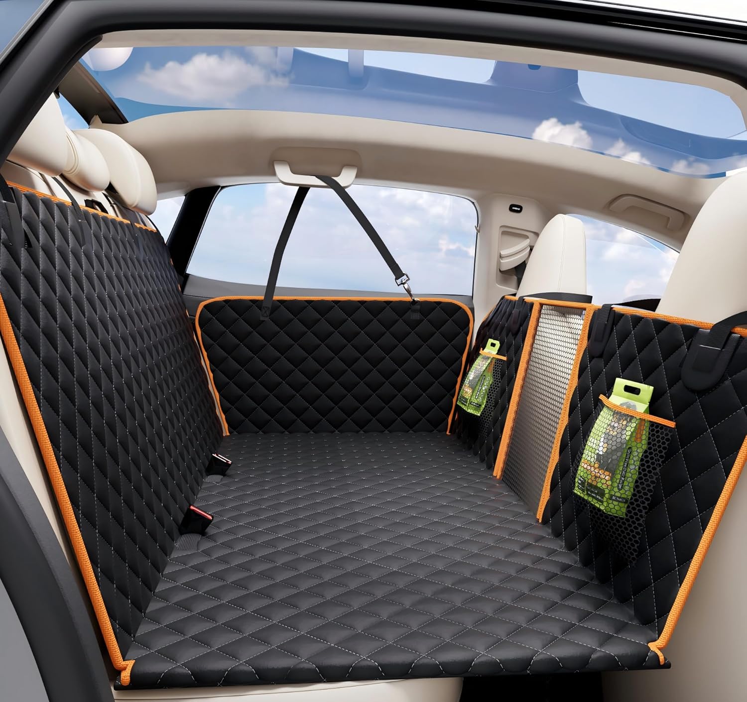 Back Seat Extender for Dogs, Waterproof Dog Car Seat Cover for Back Seat with Hard Bottom Holds 420lbs, 600D Heavy-Duty Upgraded Material Dog Hammock for Car, Easy to Use and Clean Black Orange Large