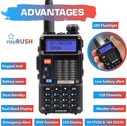 Miniatura 2 de YouRUSH UV-5RUSH - Radio de mano de hierro de 8 W con batería Baofeng de 2800 mAh BL-5H mejorada por YouRUSH Baofeng UV-5R portátil de dos vías