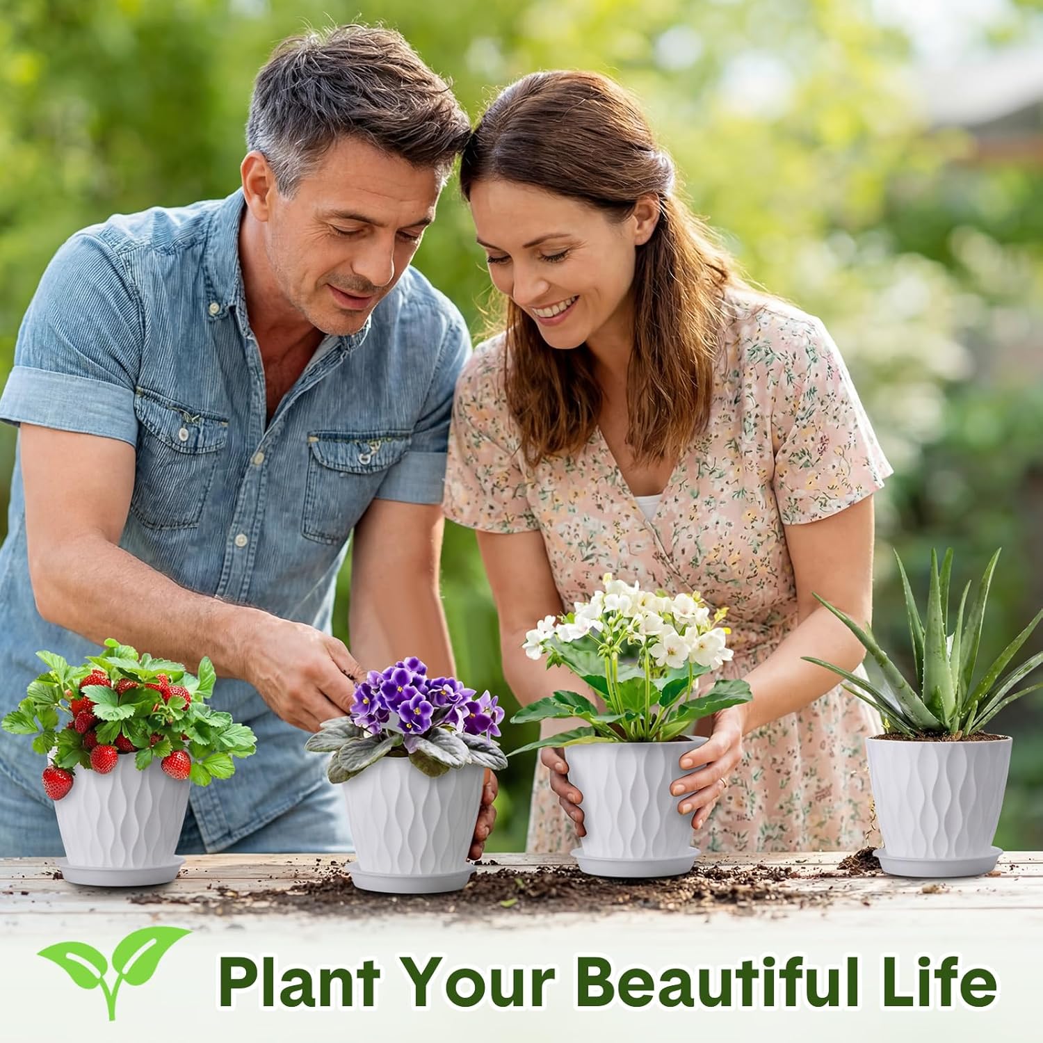 24 Pack 4 Inch Plant Pots Bulk Small Pots for Succulents Waffle Texture Plastic Planter with Drainage Holes and Saucers for Indoor Outdoor Plants Flowers, Seedlings (White)