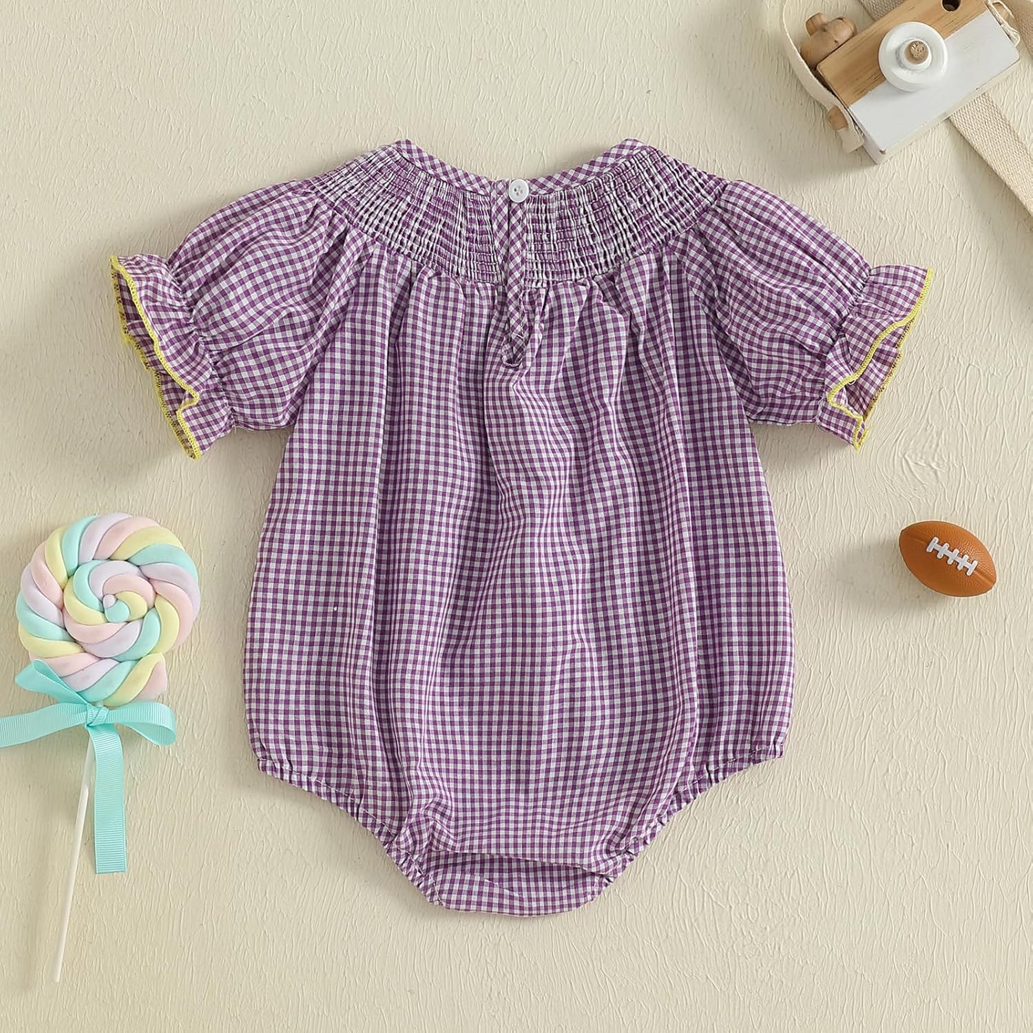 Kuriozud Newborn Baby Girl Football Outfit Smocked Ruffle Romper Short Sleeve Jumpsuit Cute Baby Girl Clothes - Image 4