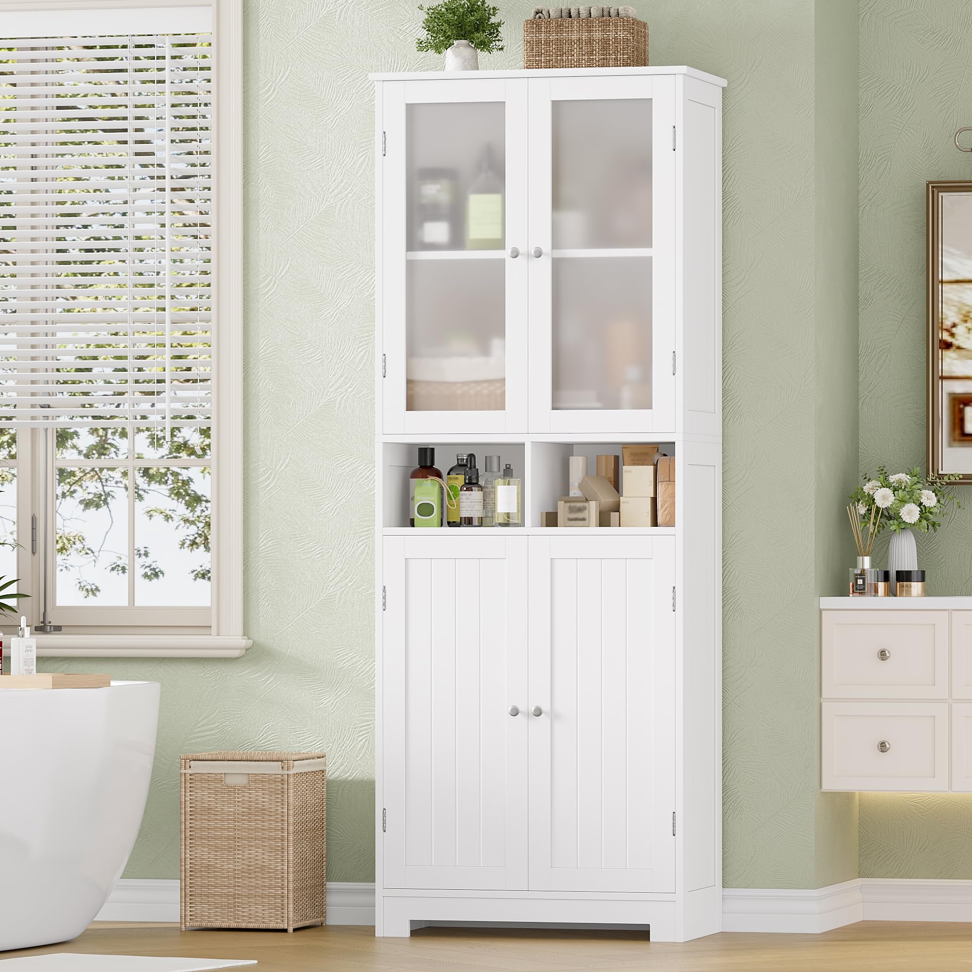 HOCSOK Mueble Columna de Baño, Mueble Auxiliar de Almacenaje con 4 Puertas y 2 Cajones, Armario de Madera de Suelo para Entrada, Salón y Cocina, 60 x 30 x 170cm, Blanco