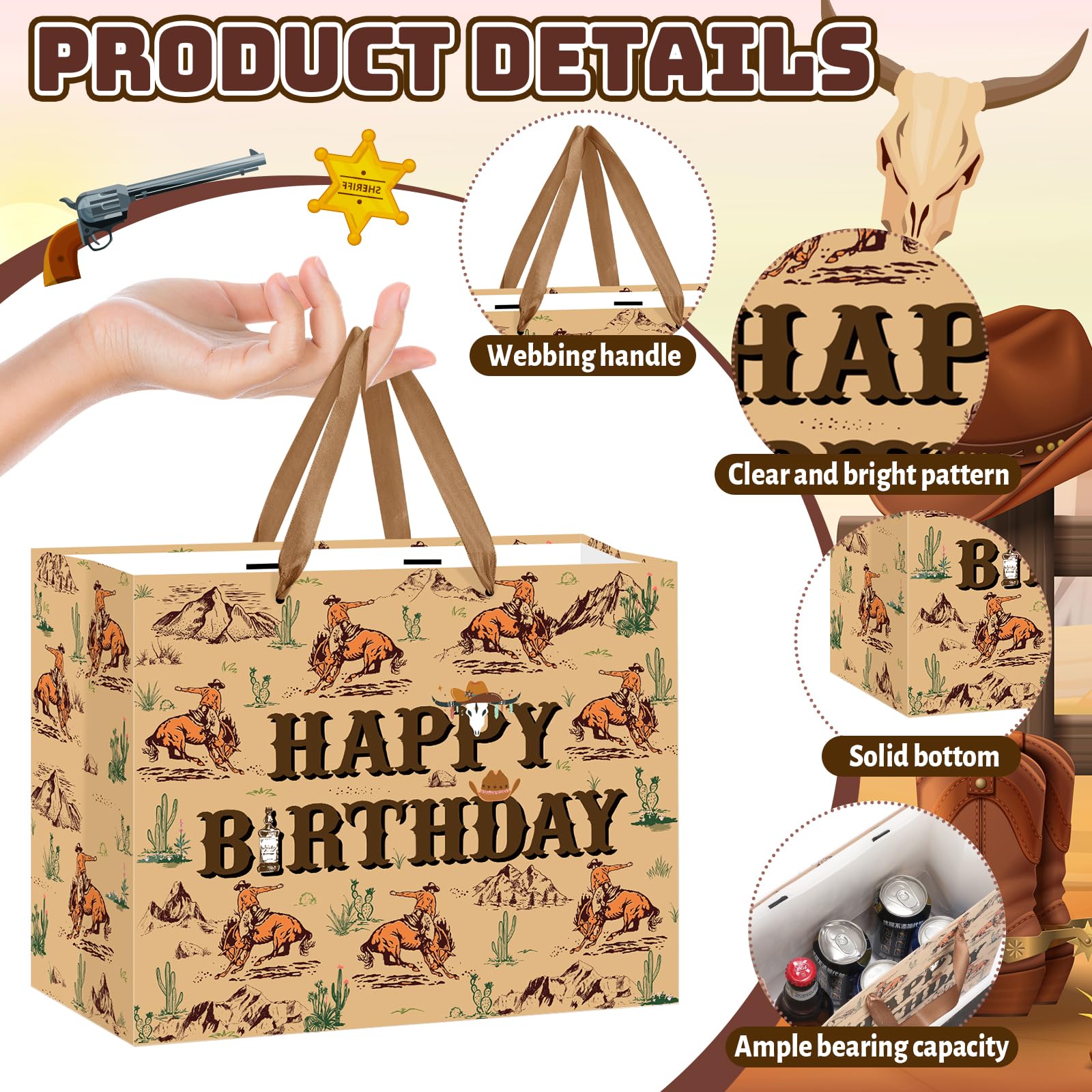 Wauprant Cowboy Birthday Gift Bags,Brown Western Rodeo Cowboy Wrapping Paper Gift Bag with Handles Greeting Card and Paper,Riding Horse Wild West Party Decoration for Men Birthday Western Theme Party