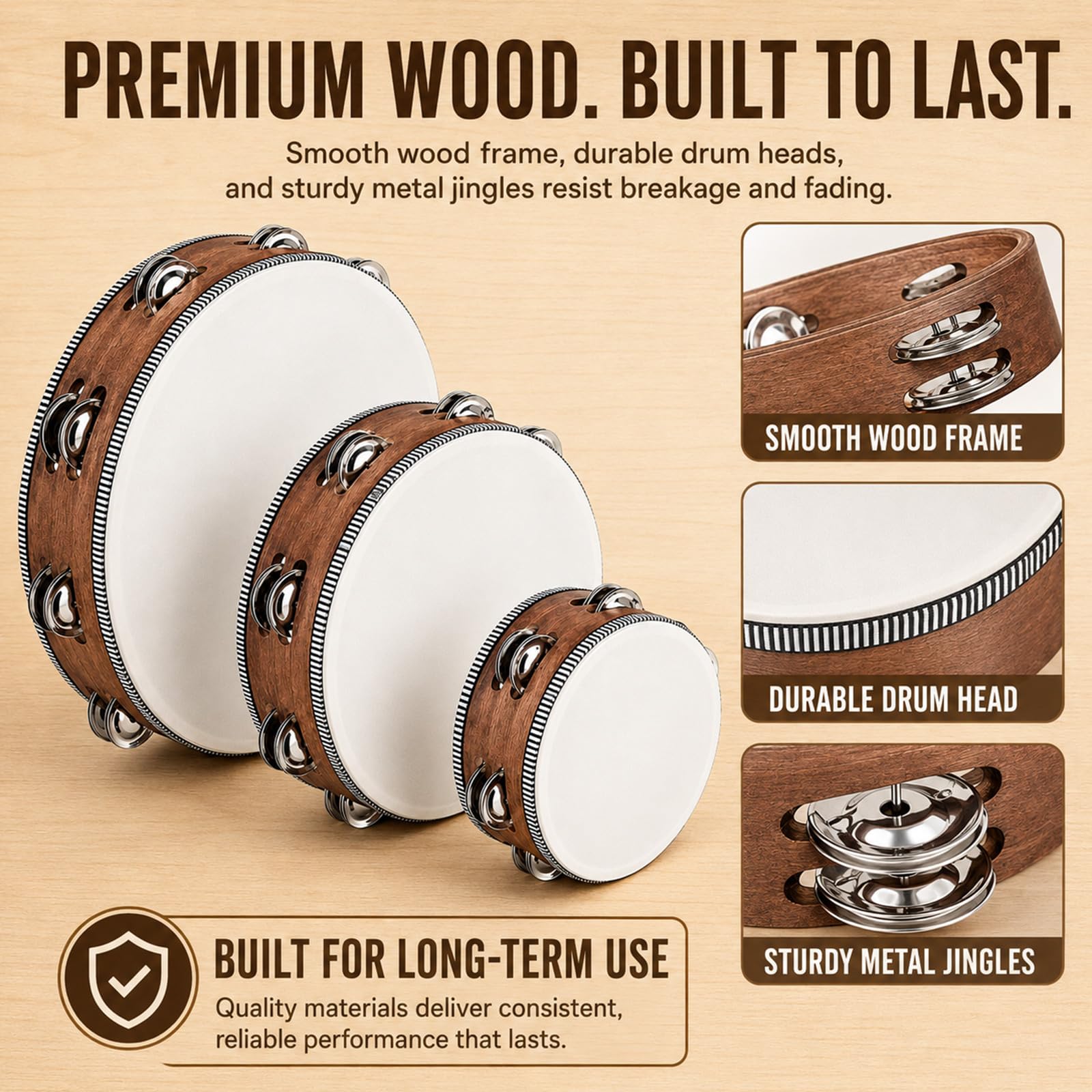 Boao Tamburin für Erwachsene, 15,2 cm, 20,3 cm, 25,4 cm, mit zweireihigem Schellen, Handschlagtrommel, Musikinstrument, Handglocke, Klatschtrommel, Holzmaserung, 6 Stück