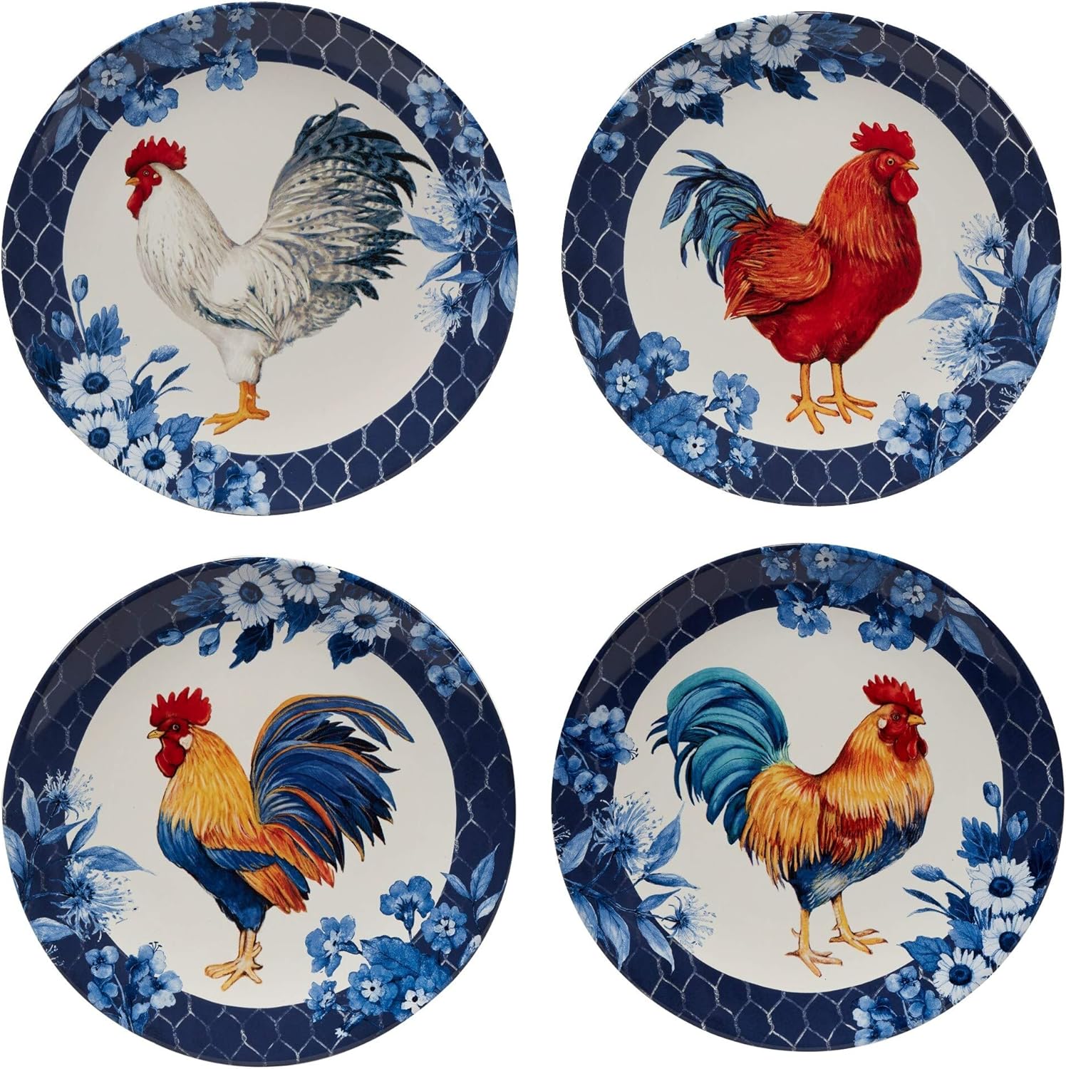 Indigo Rooster Ceramic 16-Piece Dinnerware Set, Service for 4