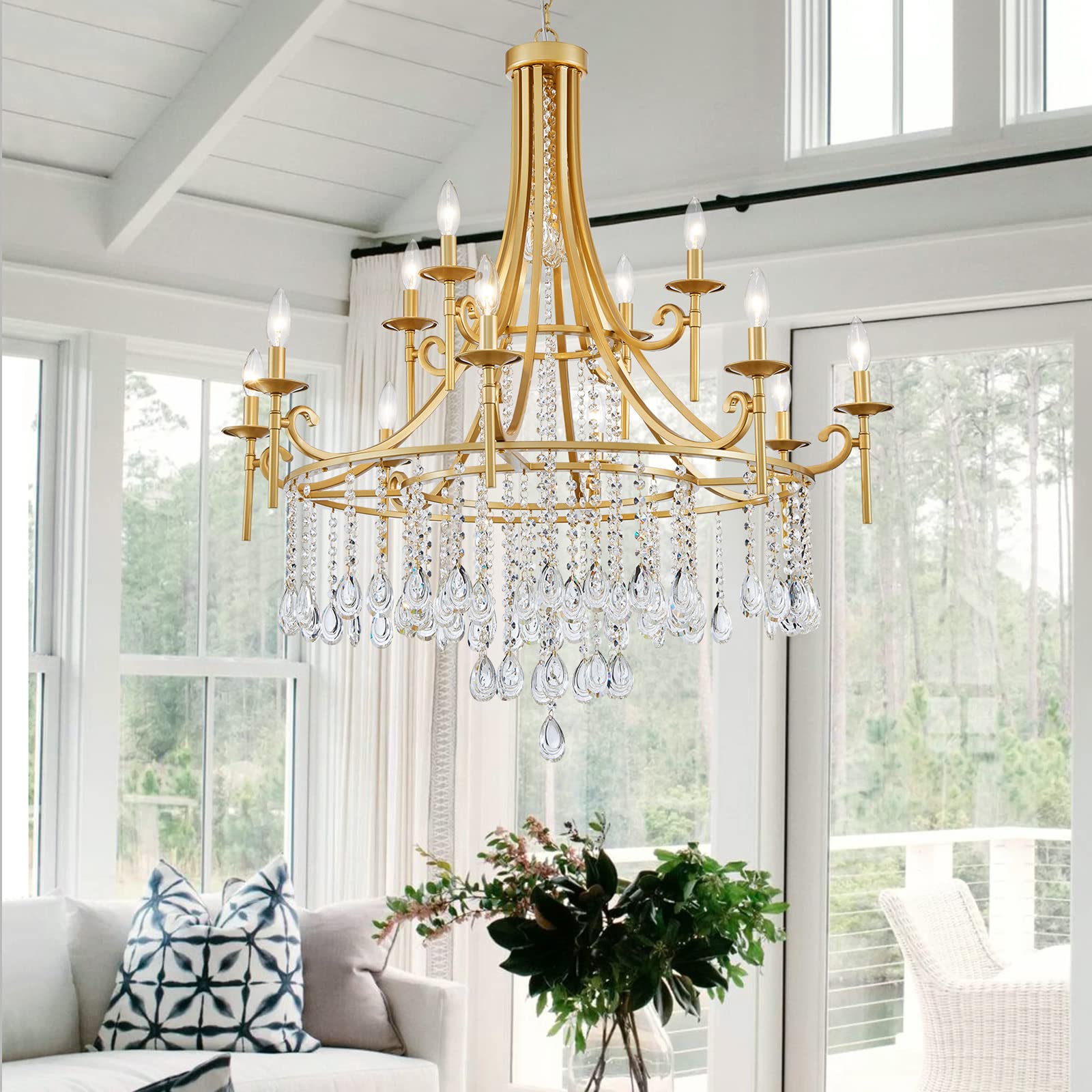 WUZUPS Candle Chandelier 12-Light Wagon Wheel Pendant Ceiling Light Modern Lighting Fixture for Bedroom Hallway Bar Kitchen Dinning Living Room