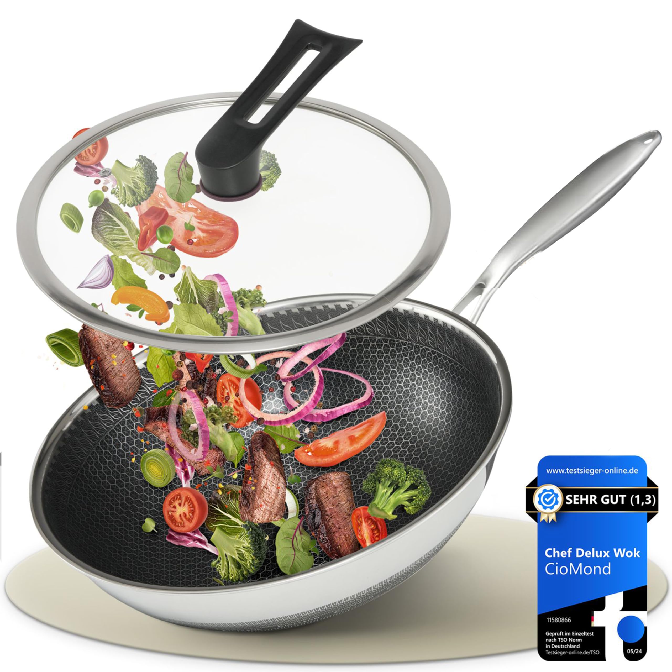 Wokpfanne mit Deckel Wok Pfanne Induktion 28cm - aus Edelstahl mit Antihaft Wabenstruktur | geeignet für Induktionsherd, Elektro, Gas | Spülmaschinenfest, gleichmäßige Hitzeverteilung