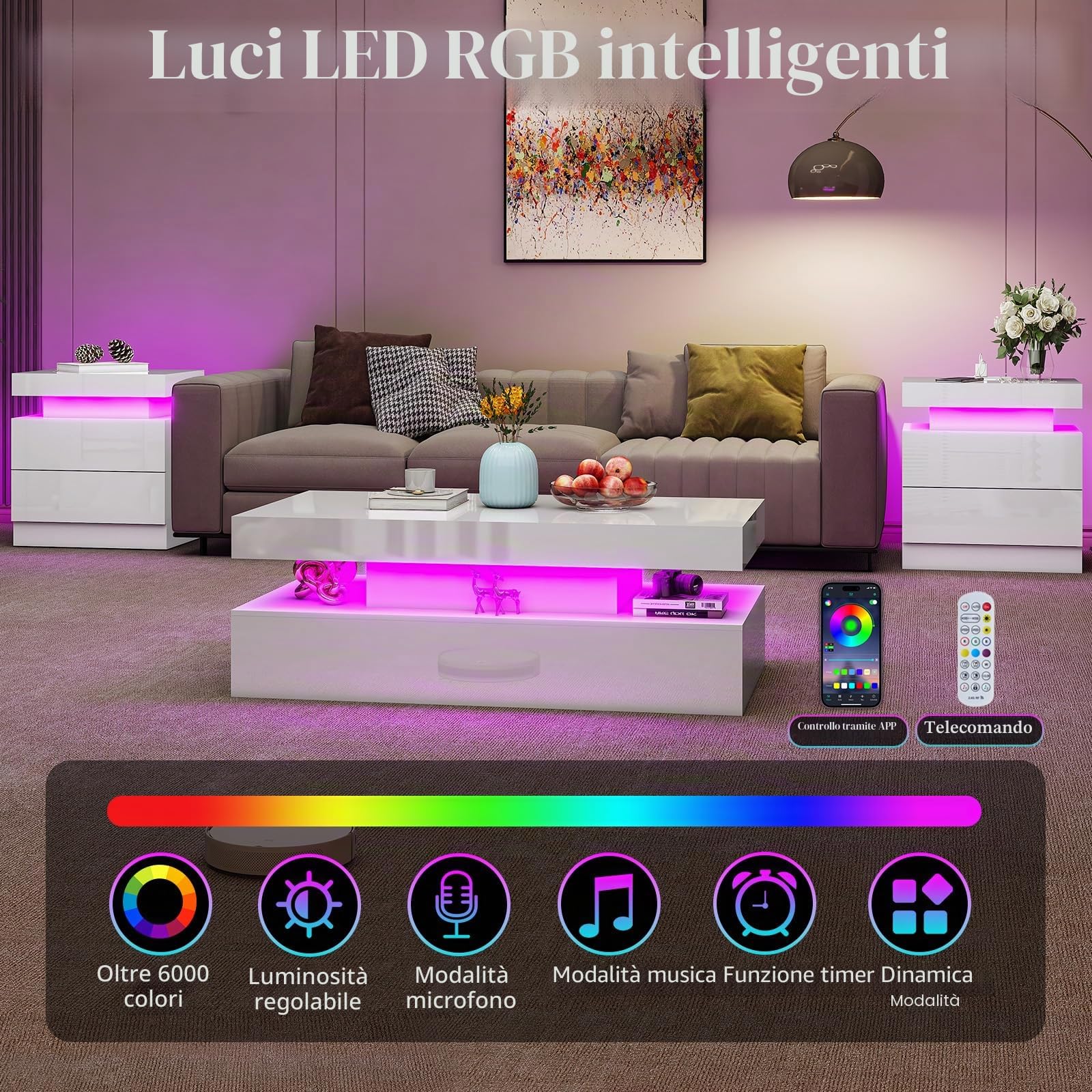 LUXOAK - Set di 2 comodini brillanti con LED e stazione di ricarica - Comodino moderno con 2 cassetti - Tavolino bianco per camera da letto e soggiorno - 58 x 40 x 35 cm