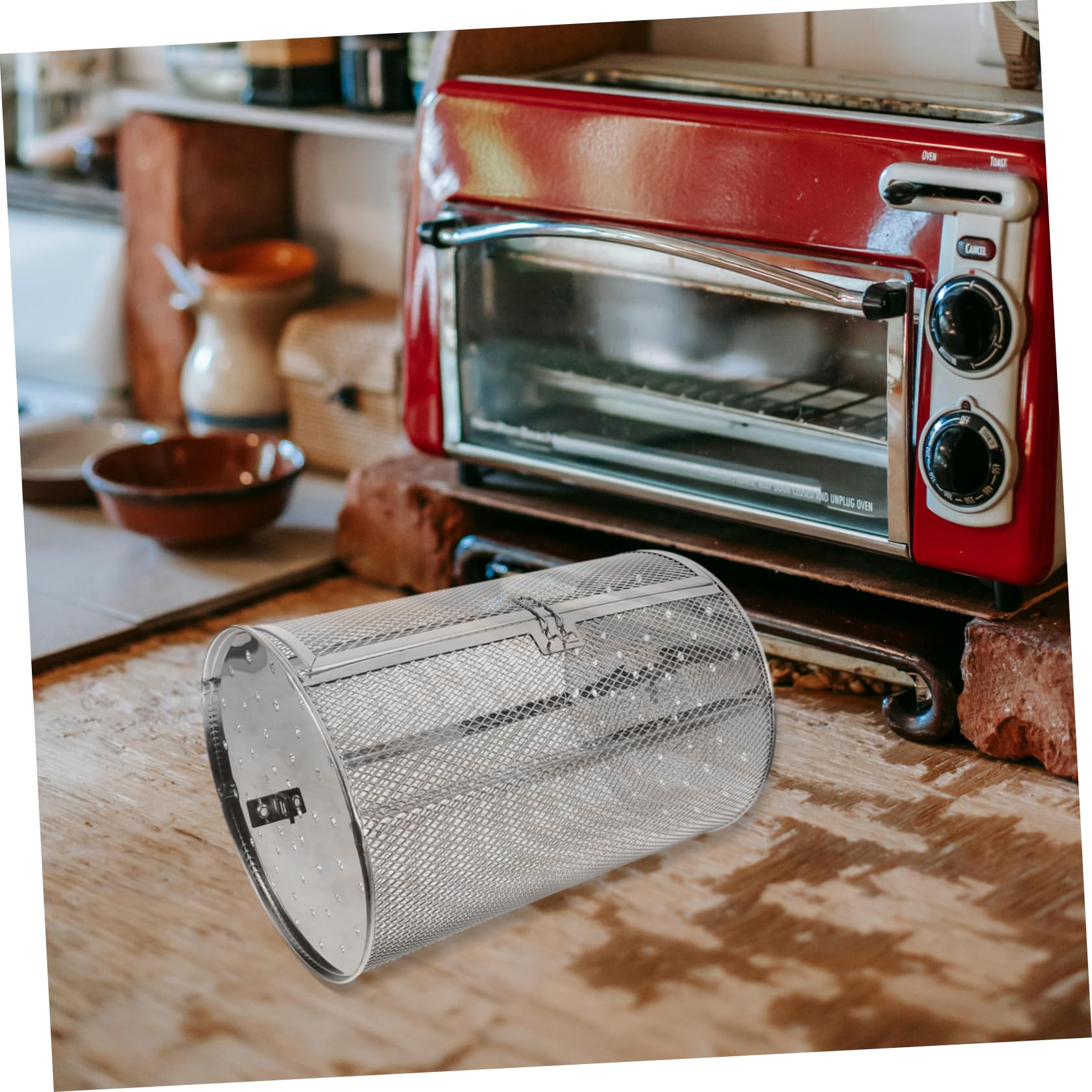 Jaula Giratoria para Horno de Acero Inoxidable Plata, Cesta para Asar Nueces y Carne, Resistente a Deformaciones Calentamiento Uniforme