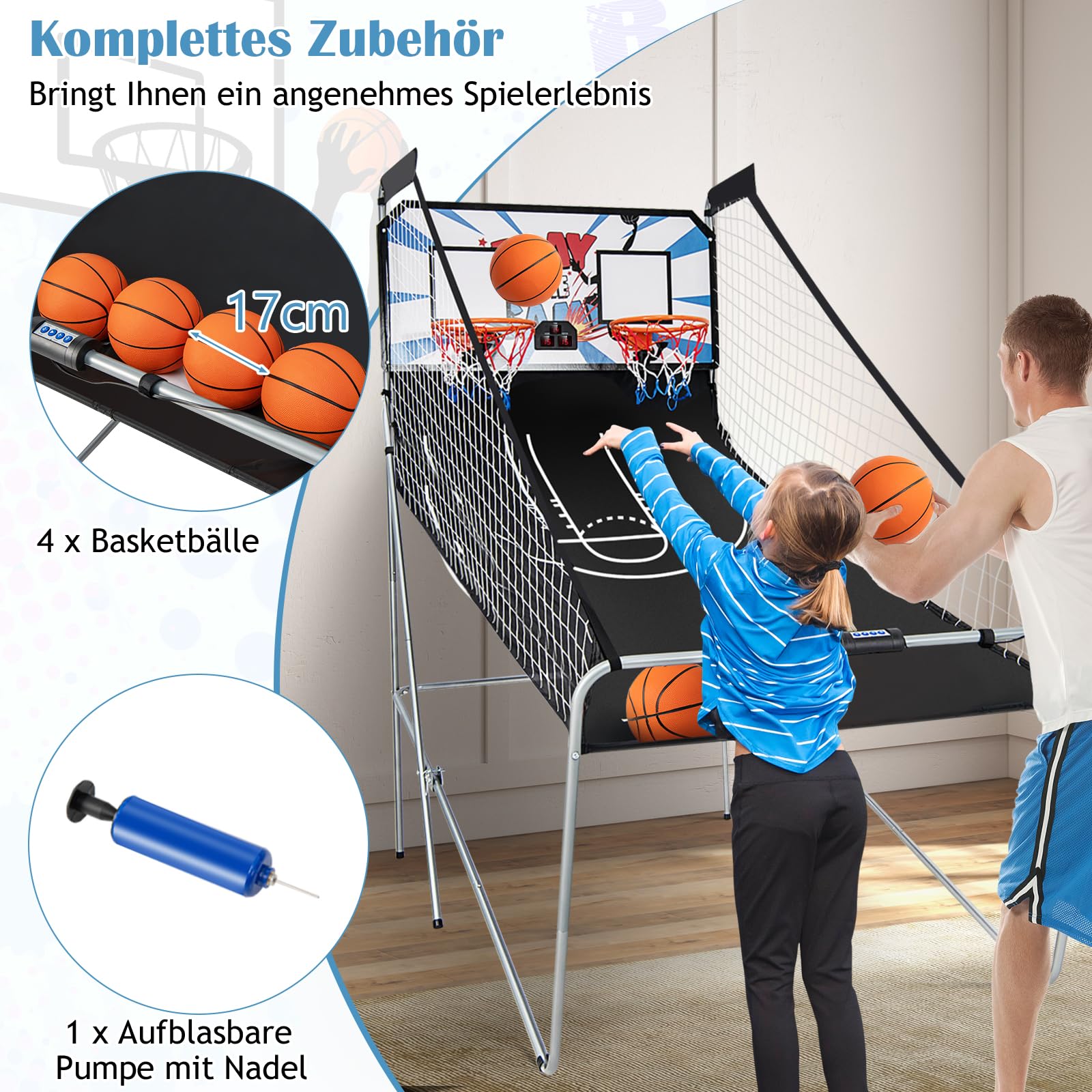 GYMAX Automat Basketballkorb, faltbar Elektronische Basketballspiel mit 8 Spieleinstellungen & elektronischer Anzeigetafel, Schießmaschine inkl. 4 Bällen & 2 Fangkörben (Schwarz)