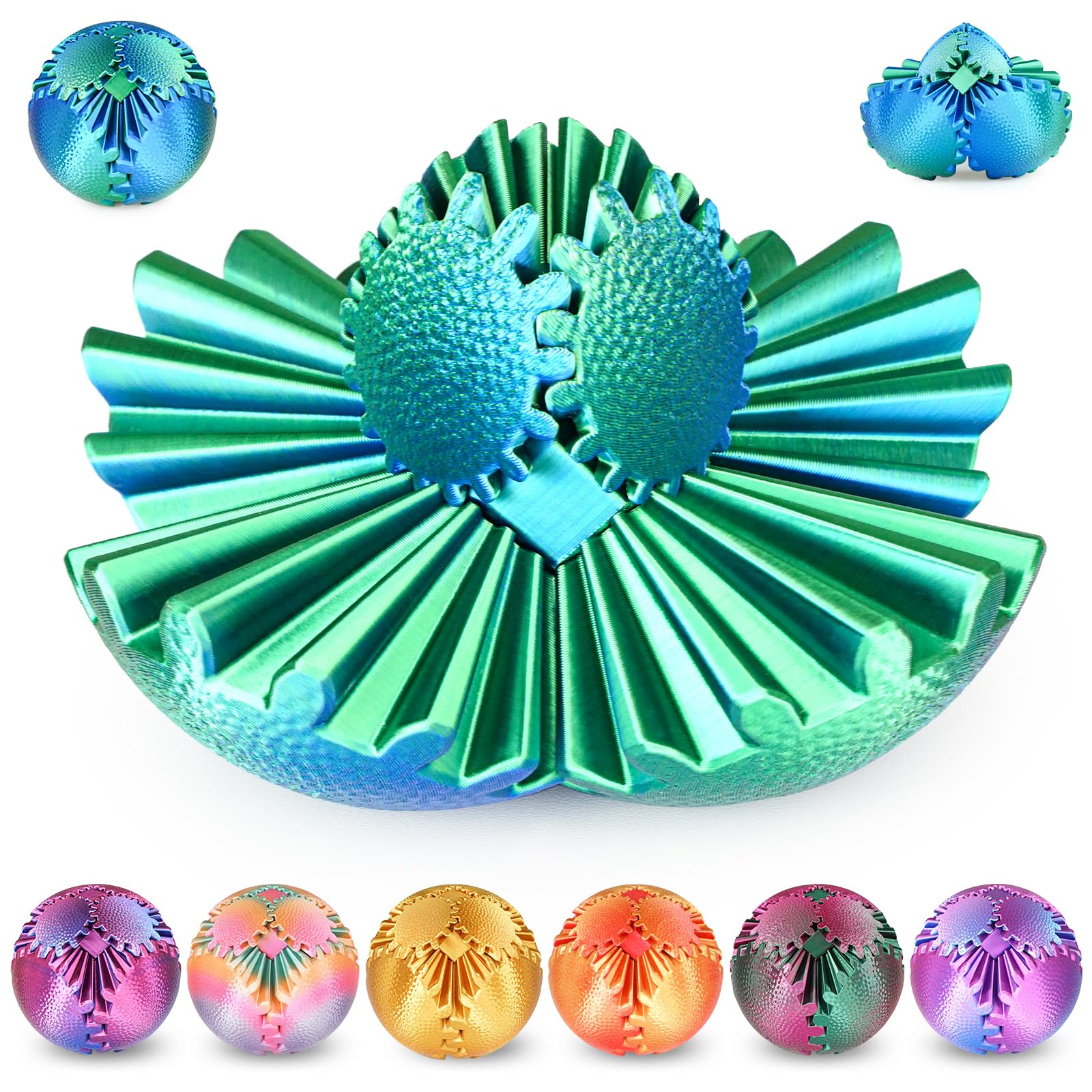 Gear Ball Fidget Toys Steampunk Gear Sphere Stress Relief for Kids Adults 3D Printed Unique Funny Birthday Gift for Christmas White Elephant Stocking Stuffer Easter (Christmas Green, Dia. 2.5″ )