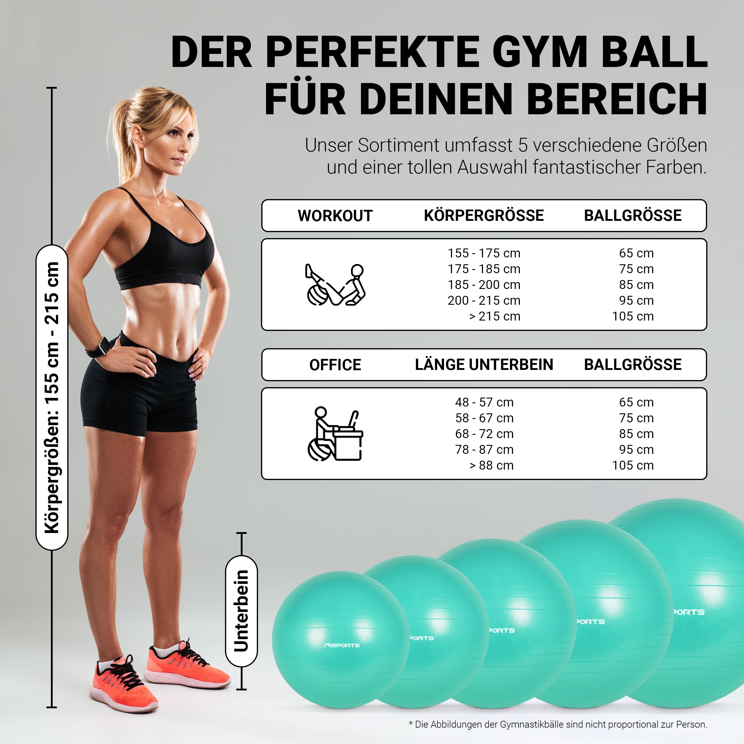 MSPORTS Gymnastikball Premium | Pilates Ball - Anti Burst inkl. Pumpe + Workout App + Übungsposter | Pezziball 55 cm - 105 cm Medizinball - Fitnessball Sitzball