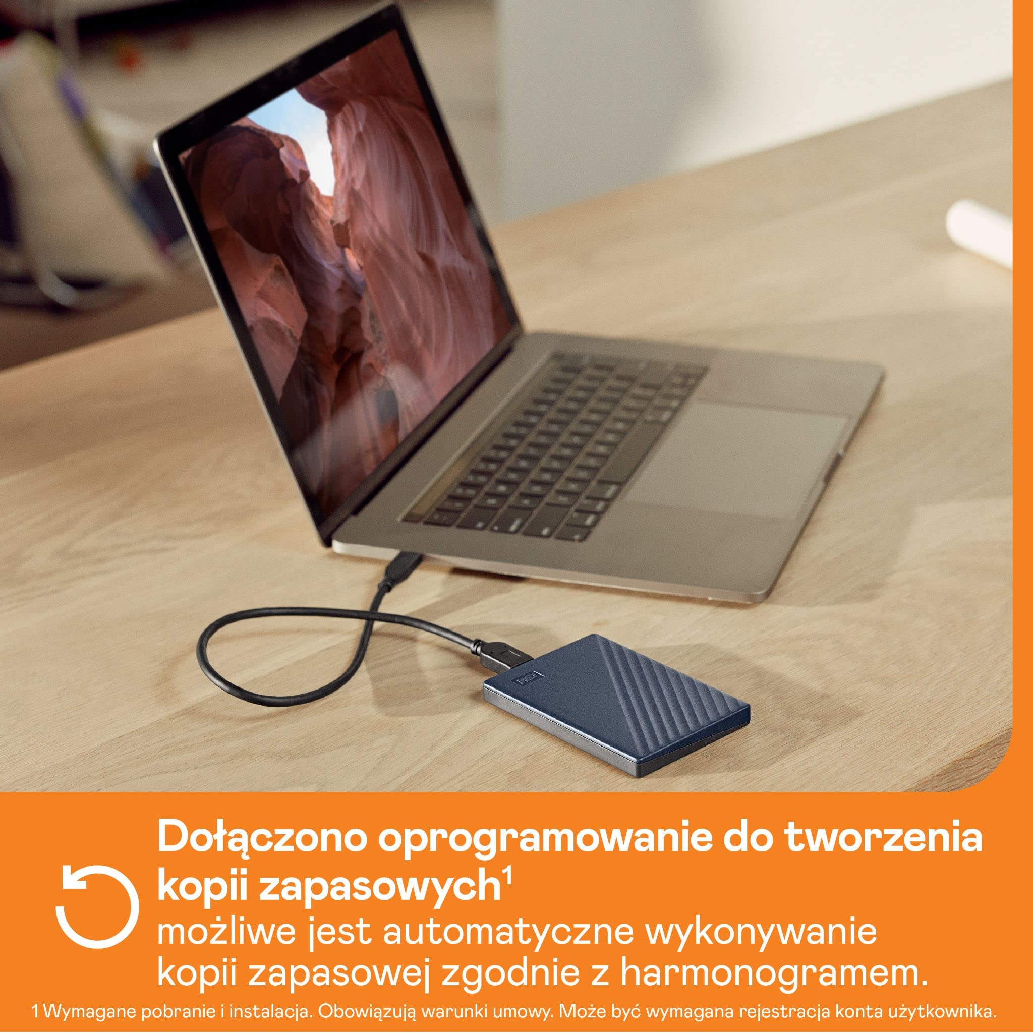 WD My Passport do komputera Mac 4TB, przenośny zewnętrzny dysk twardy, USB 3.2 Gen 1/USB 3.0, ochrona hasłem, oprogramowanie do tworzenia kopii zapasowej, sformatowany dla systemu MacOS, granatowy