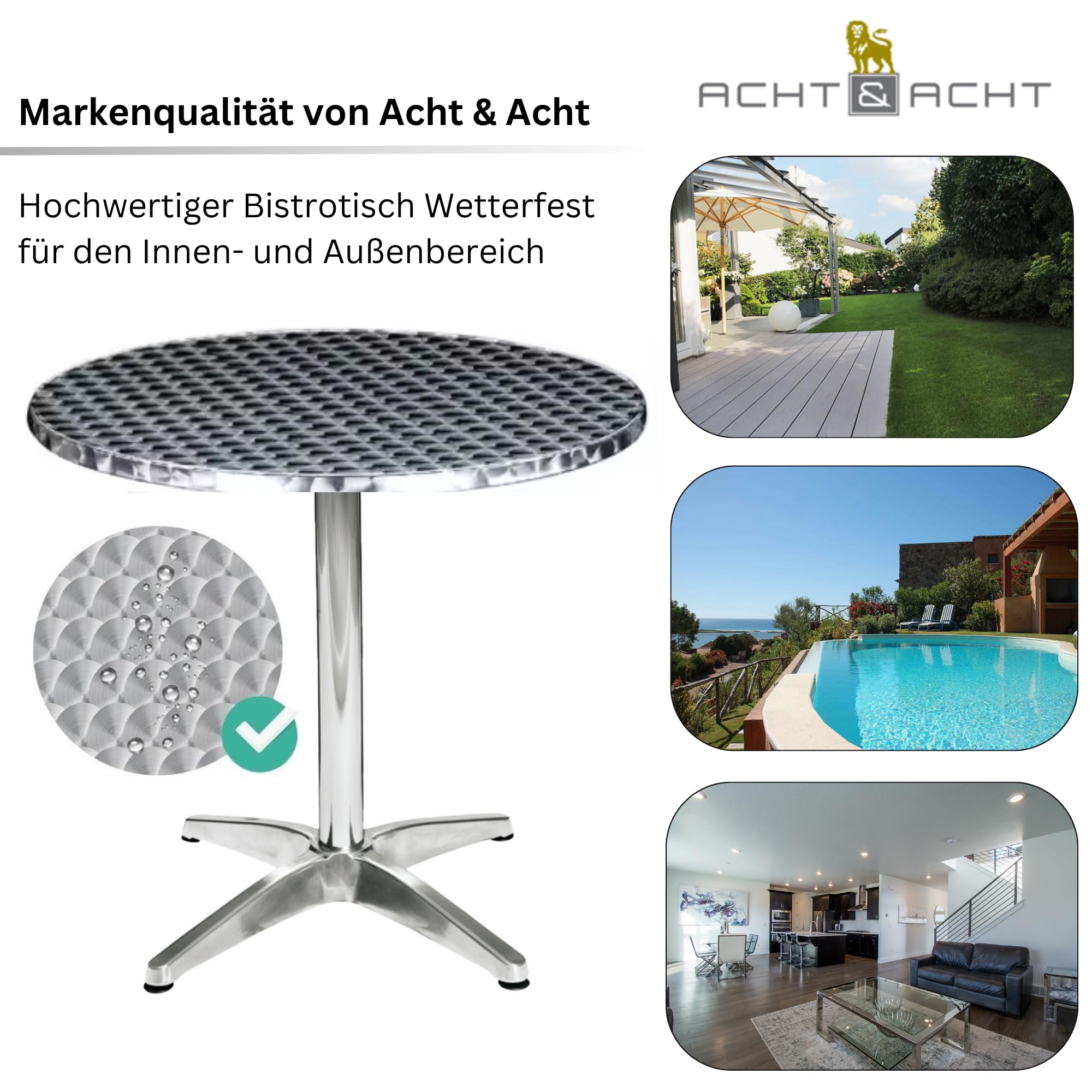 Hochwertiger Bistrotisch aus Aluminium, Runder Aluminiumtisch Wetterfest für Garten, Balkon und Terrassen – Ø 80cm x H72cm / Pflegeleichter Gartentisch mit Standfüßen – Silber glänzend Tischplatte