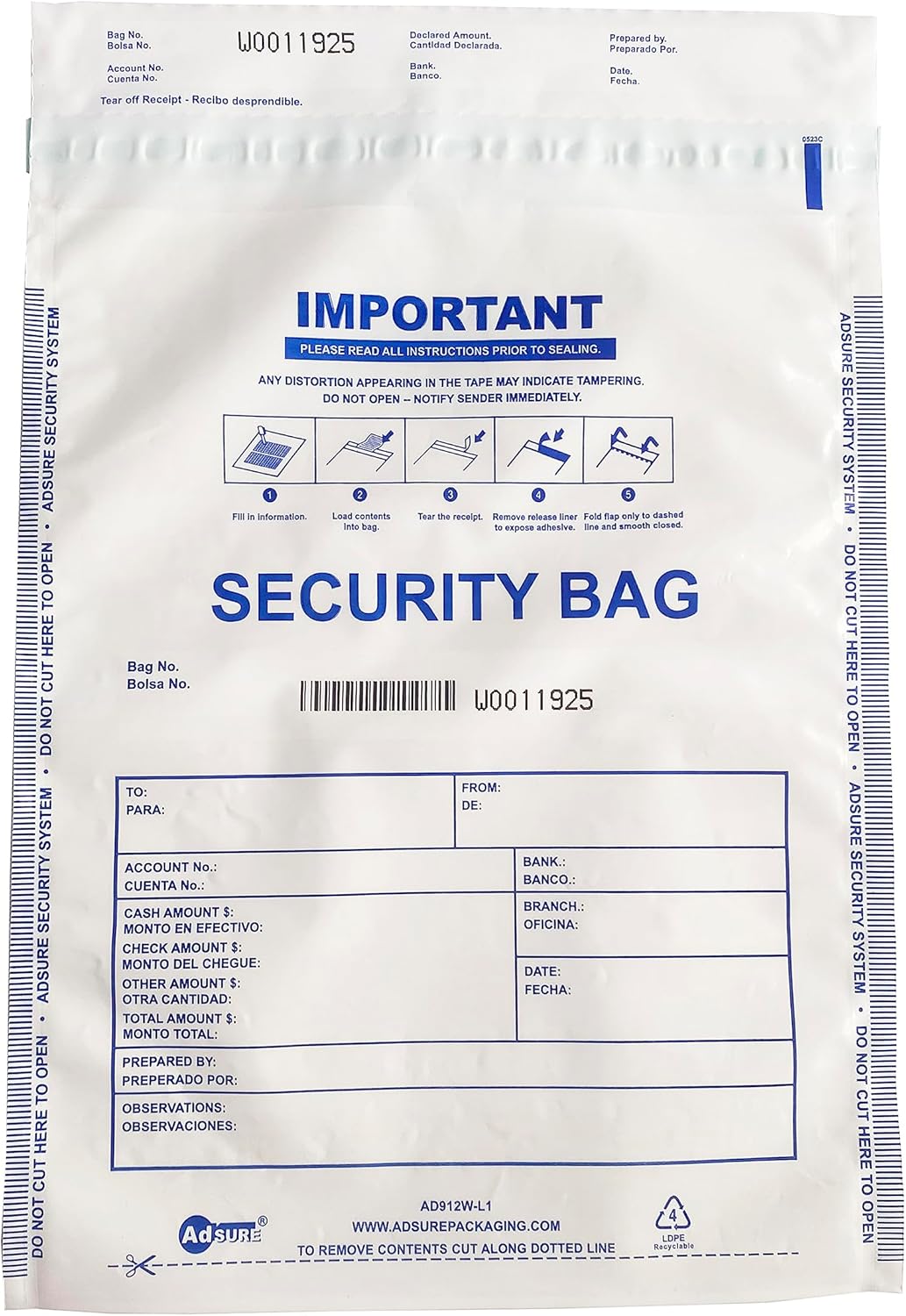 Adsure Plastic Bank Deposit Bags 9"x12"Secure Bank