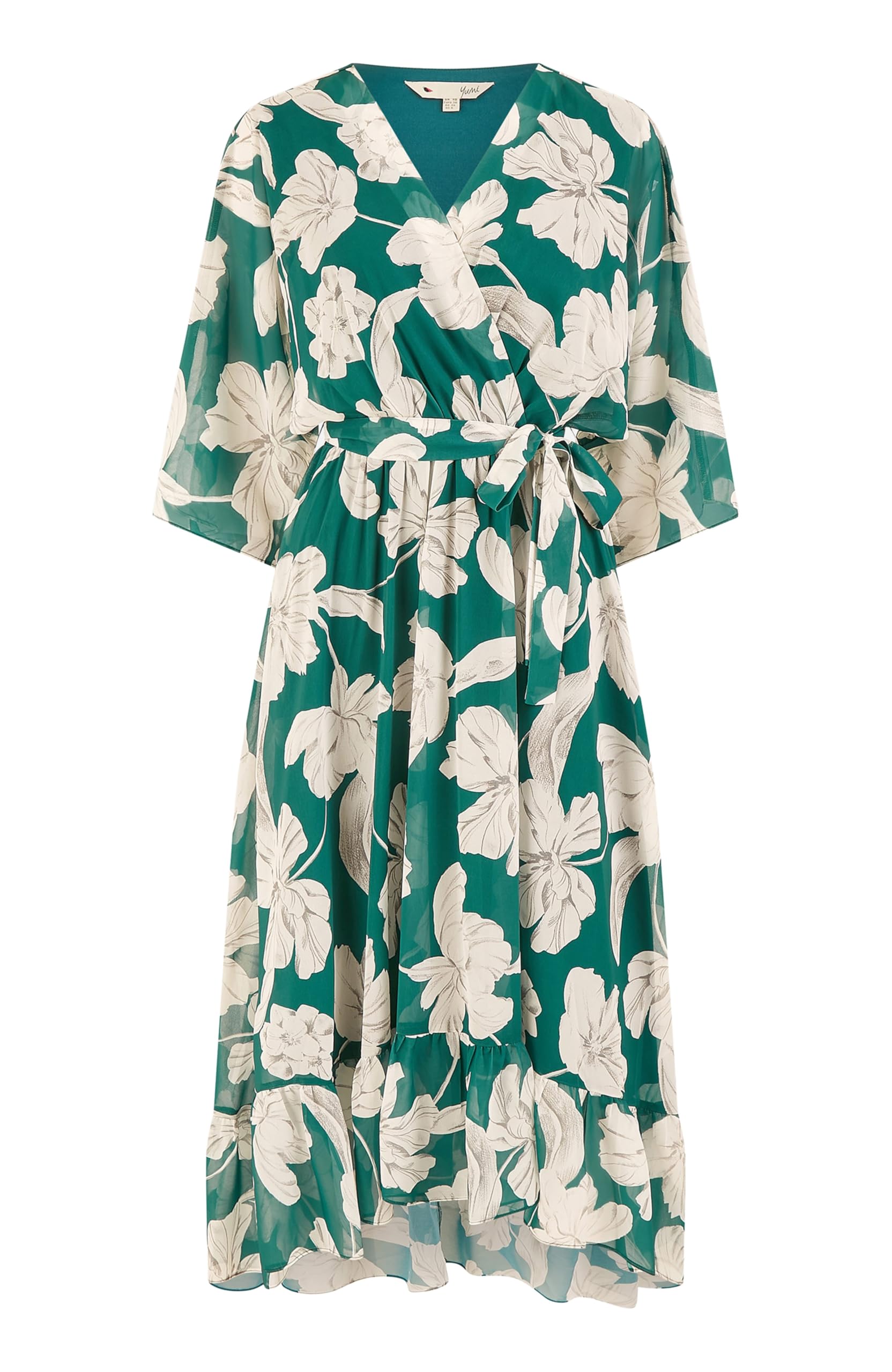 Yumi Women's Green Kimono Sleeves Midi Dip Hem Wrap Midi Dress Size 16
