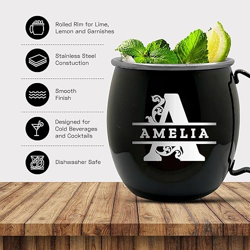 Miniatura 4 de Taza negra personalizada personalizada con acabado liso Moscow Mule con mango de latón, taza estilo barra grabada con monograma, 18 onzas, individual