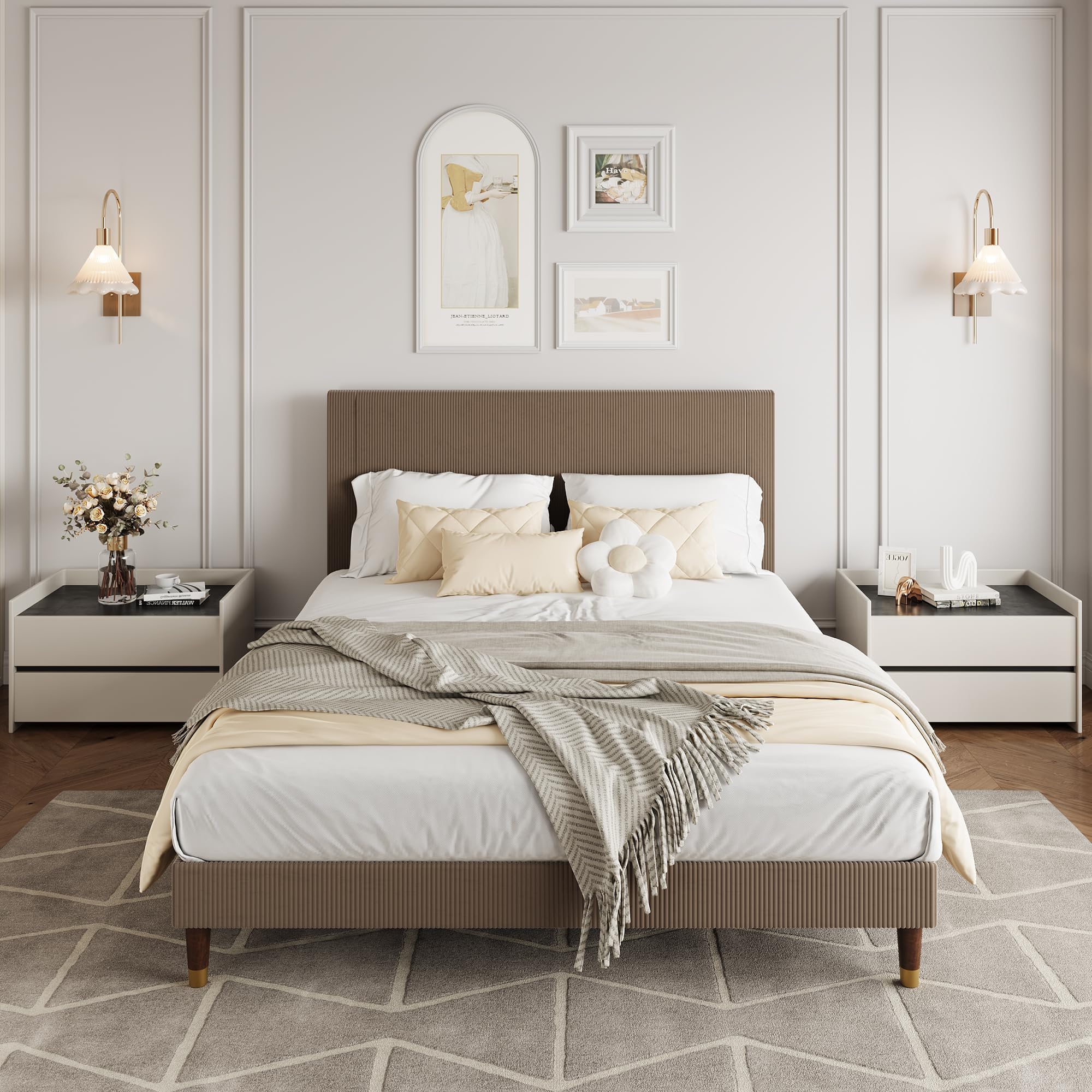 GarveeHome Queen Size Bed Frame with Upholstered Headboard and Strong Wooden Slats Support, Soft Corduroy Fabric Platform Bed, No Boxing Spring Needed, Easy Assembly, Brown