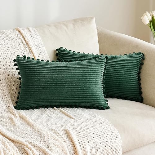 MIULEE Fundas de almohada decorativas bohemias con pompones, fundas de cojín lumbar de pana suave para sofá, dormitorio, 12 x 20 pulgadas, color