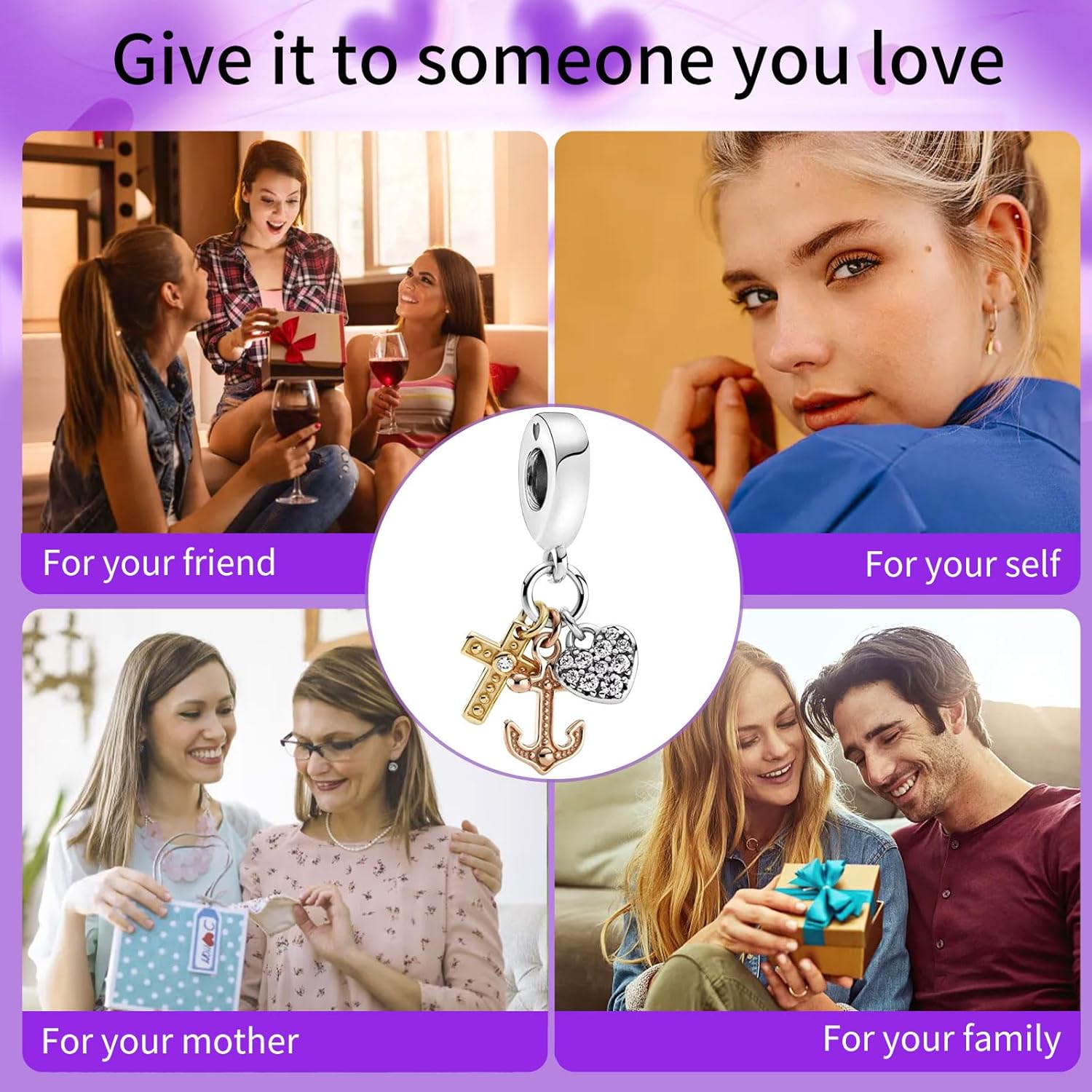 SKINII Triple-tone Cross, Heart, & Anchor Dangle Charm for Bracelets Necklaces,925 Sterling Silver Beads with Jewelry Gift for Women Girls Family & Friends at Christmas - Image 7