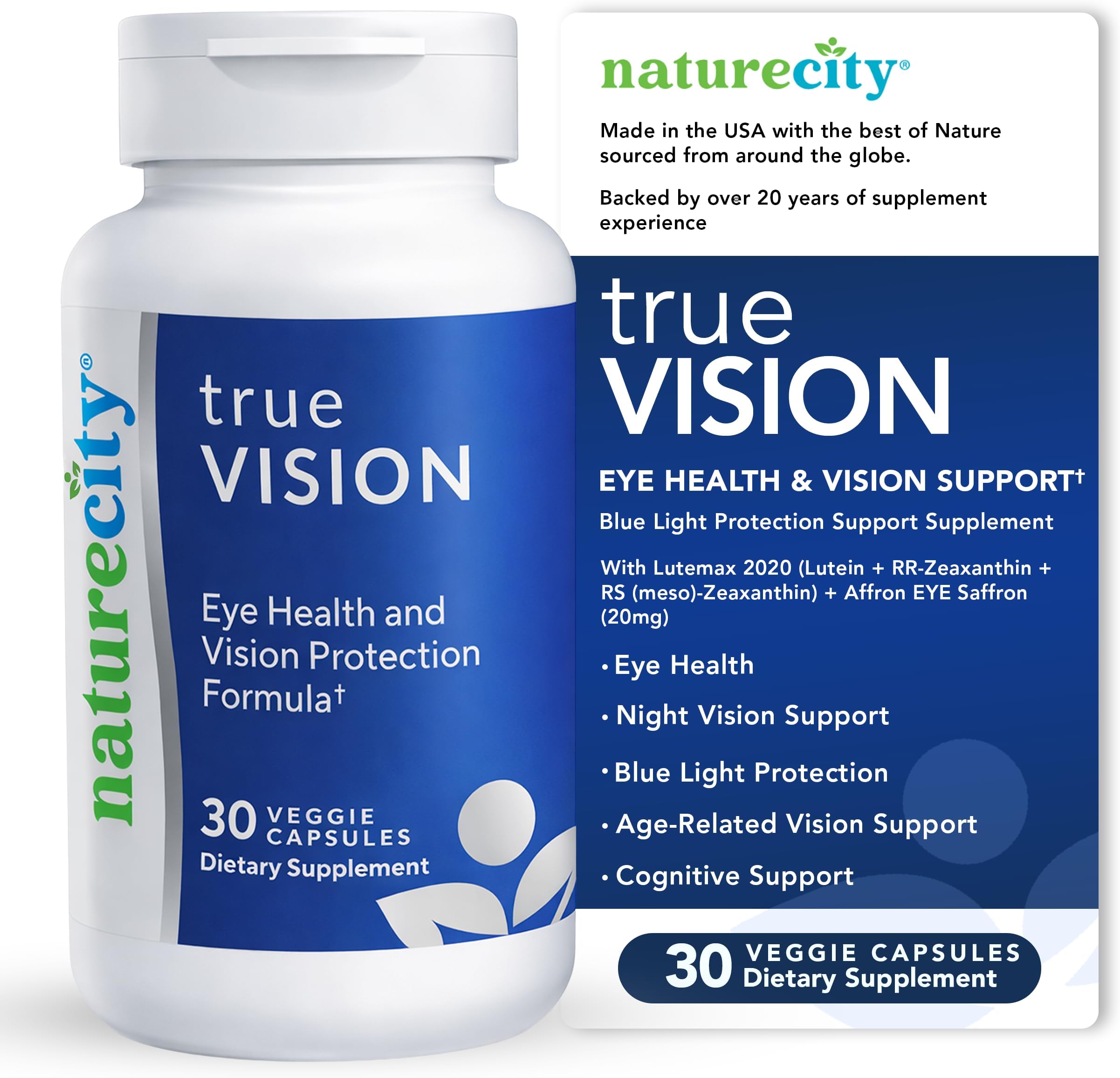 NatureCity True-Vision Eye Health Supplement - Plant-Based Lutein and Zeaxanthin with High Potency Saffron 20mg - Blue Light Protection, Support Central and Night Vision (30 Veggie Capsules)